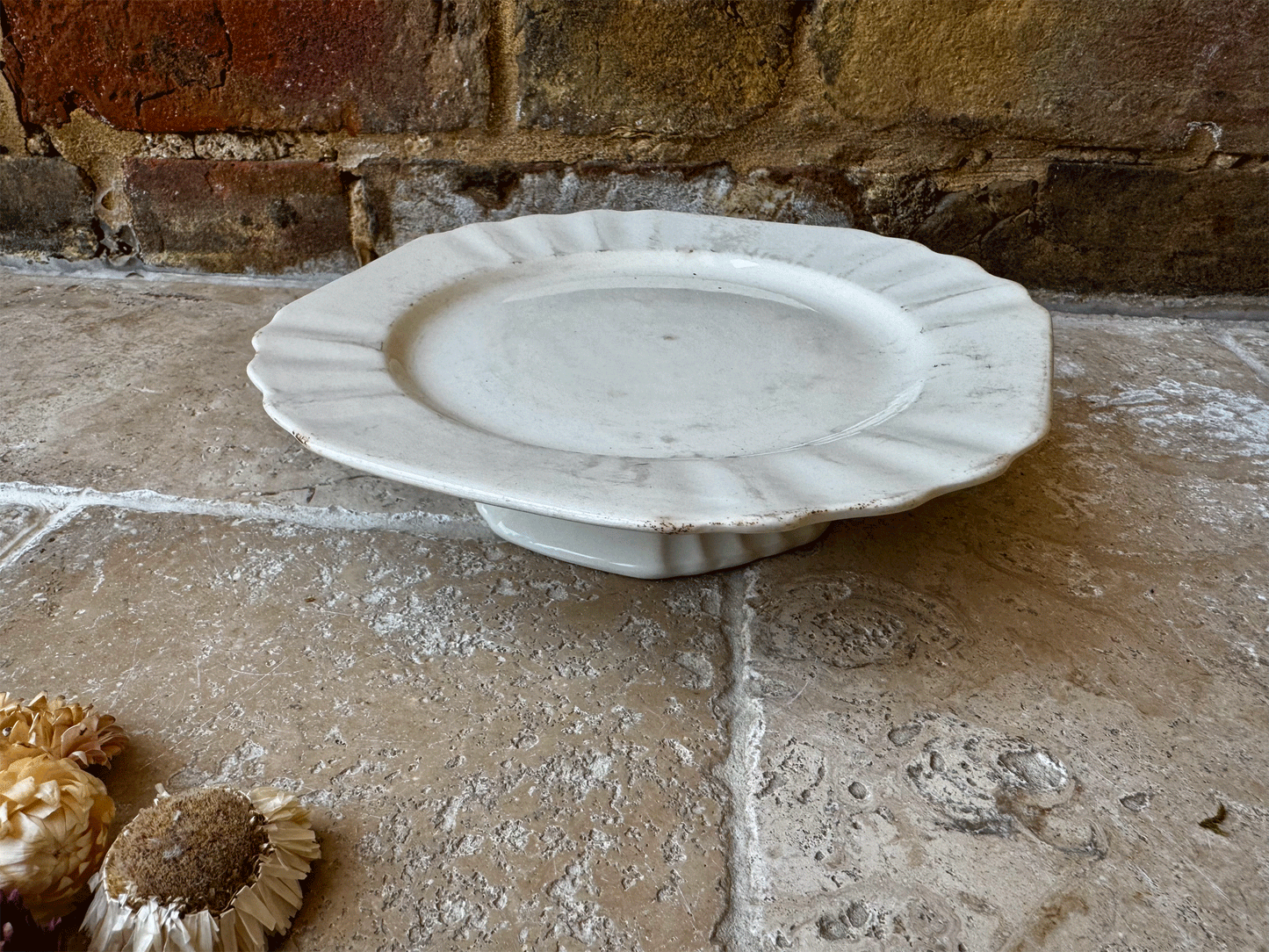 antique 1920s belgian small white ironstone cake stand compote dish boch freres louviere