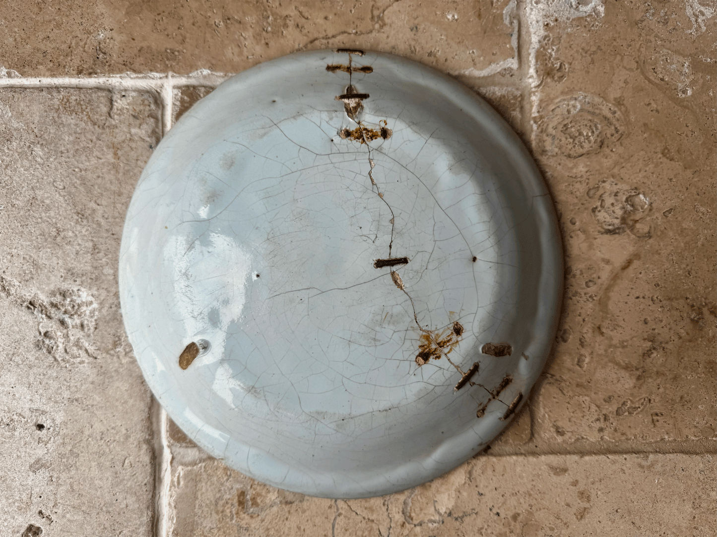 rare antique 18th century 1700s georgian delft cobalt blue tin ware plate staple repair