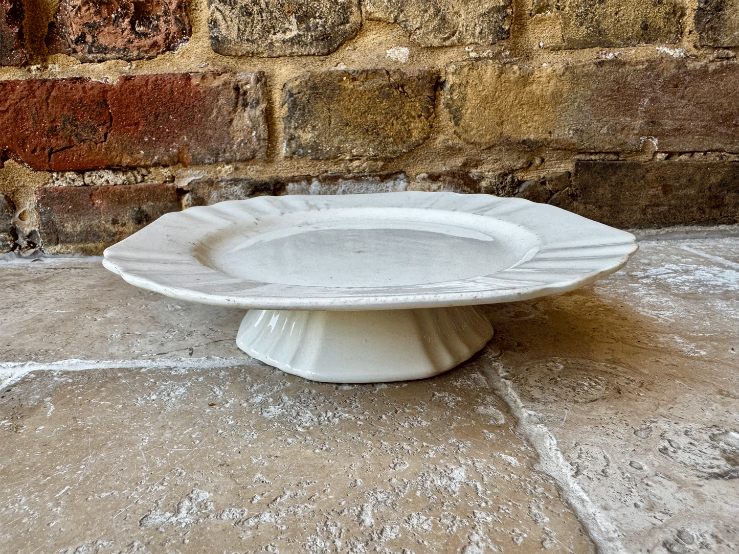 antique 1920s belgian small white ironstone cake stand compote dish boch freres louviere