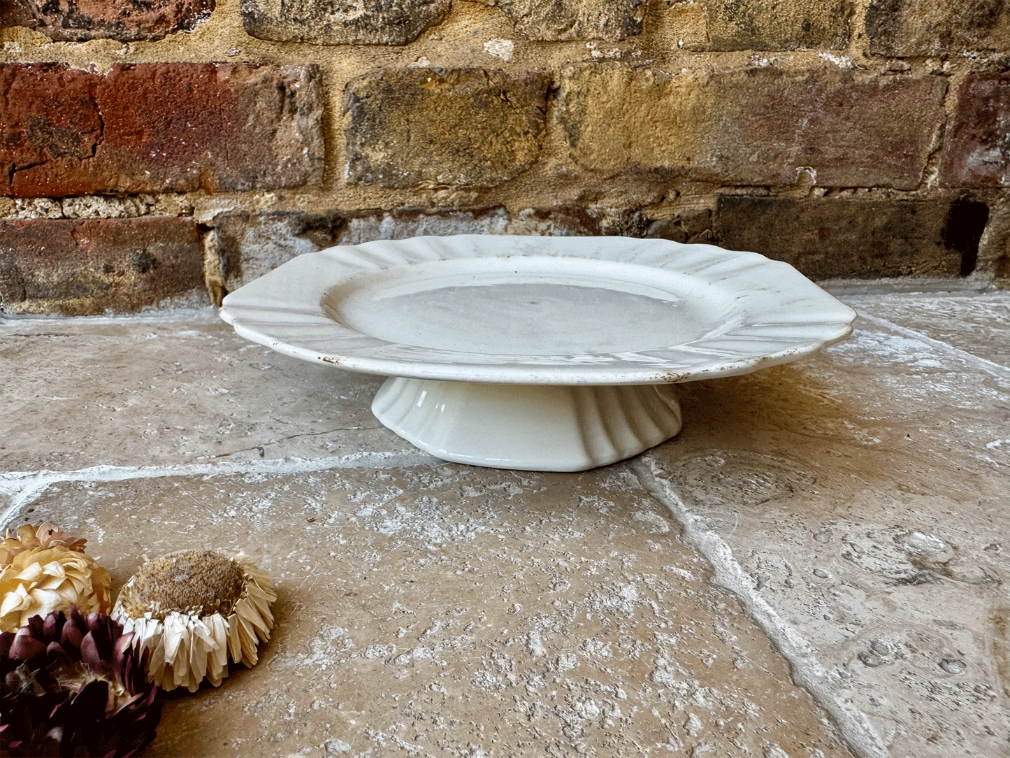 antique 1920s belgian small white ironstone cake stand compote dish boch freres louviere