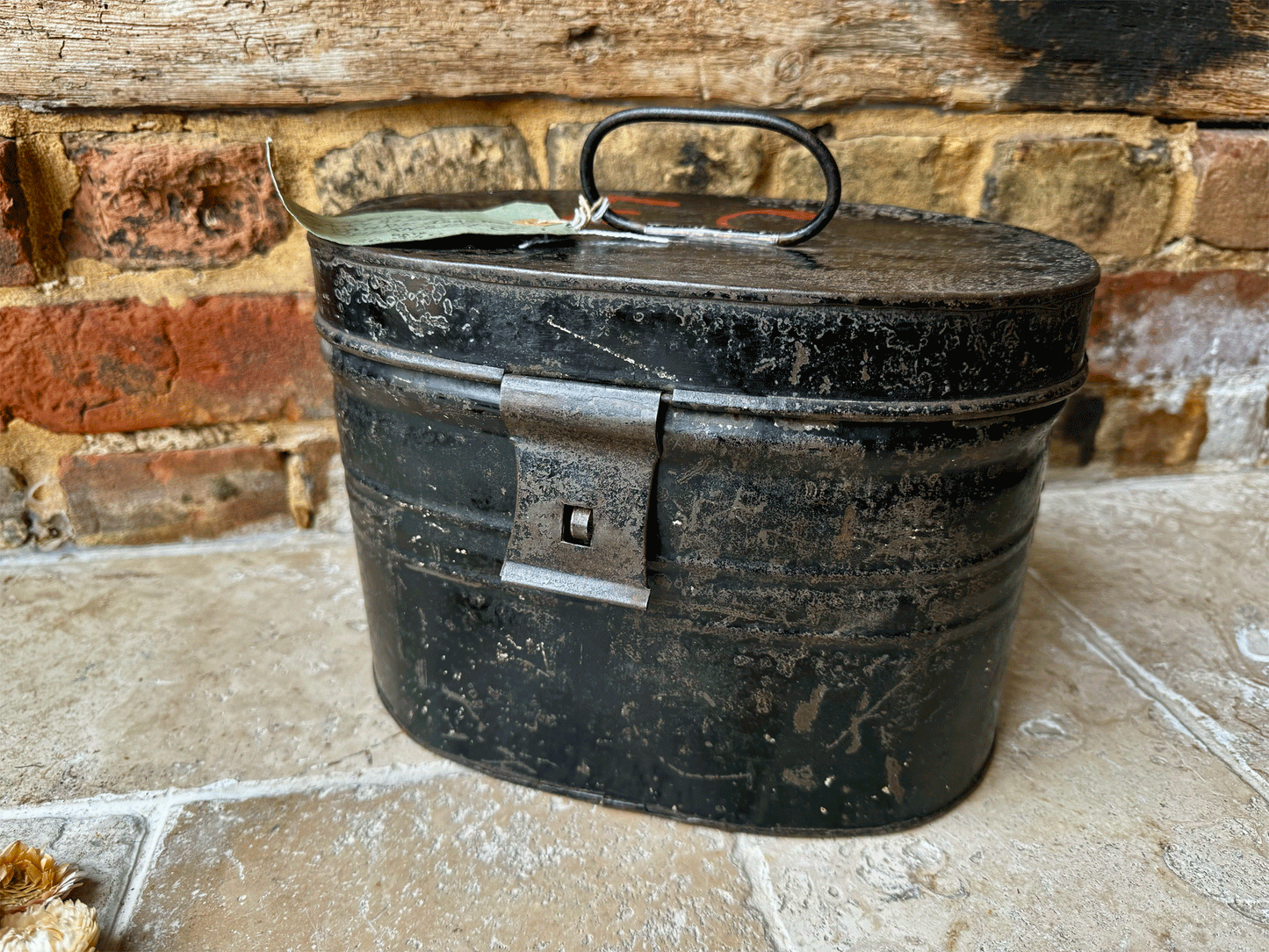antique black hat tin box jersey world war two memorabilia