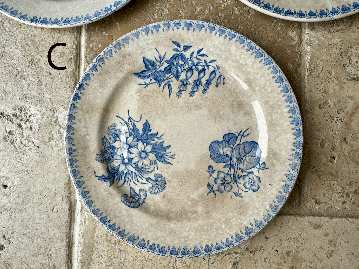 antique 19th century societe ceramique dahlia blue transferware ironstone side plate
