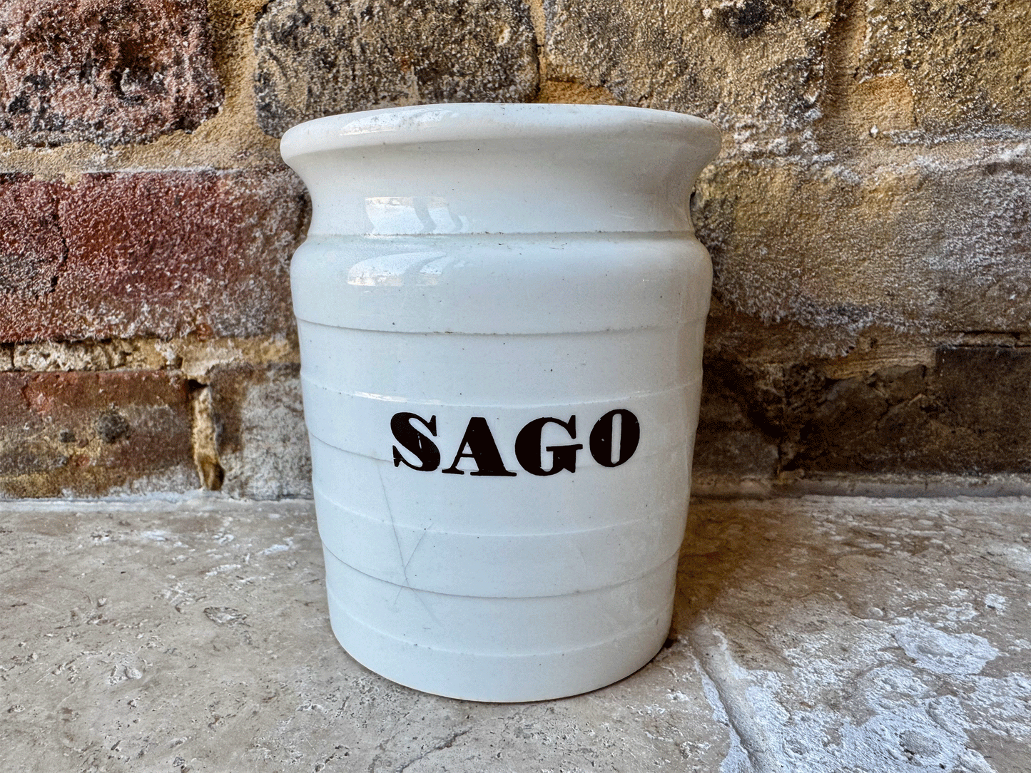 antique edwardian banded white ironstone kitchen storage jar canister sago
