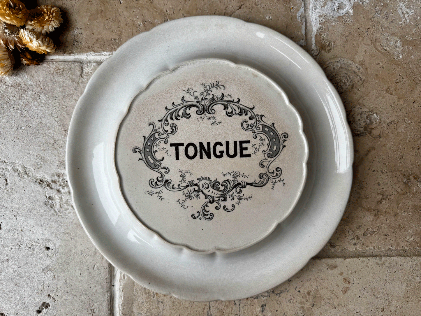 antique edwardian white ironstone black transfer print tongue shop display stand plate