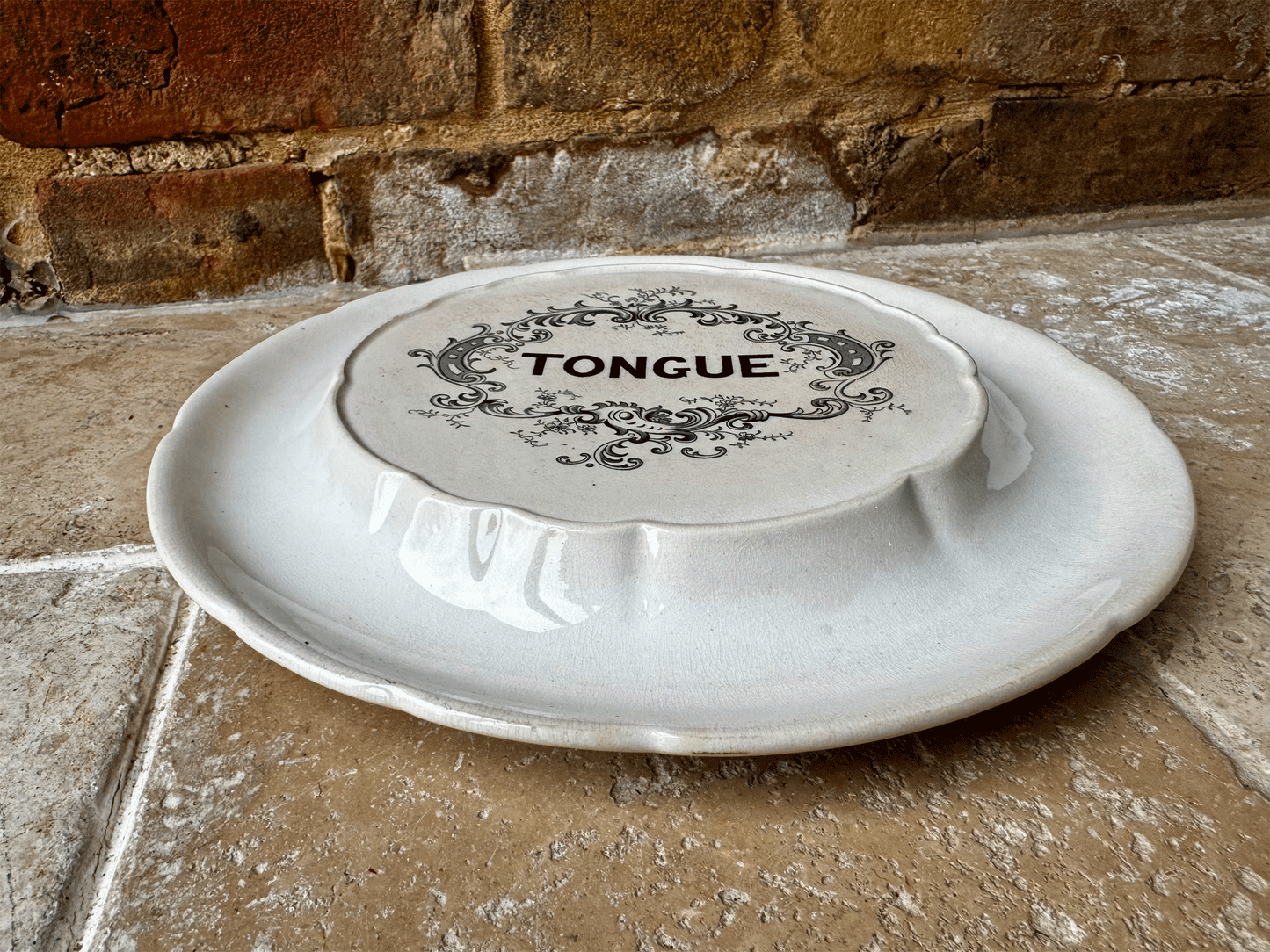 antique edwardian white ironstone black transfer print tongue shop display stand plate