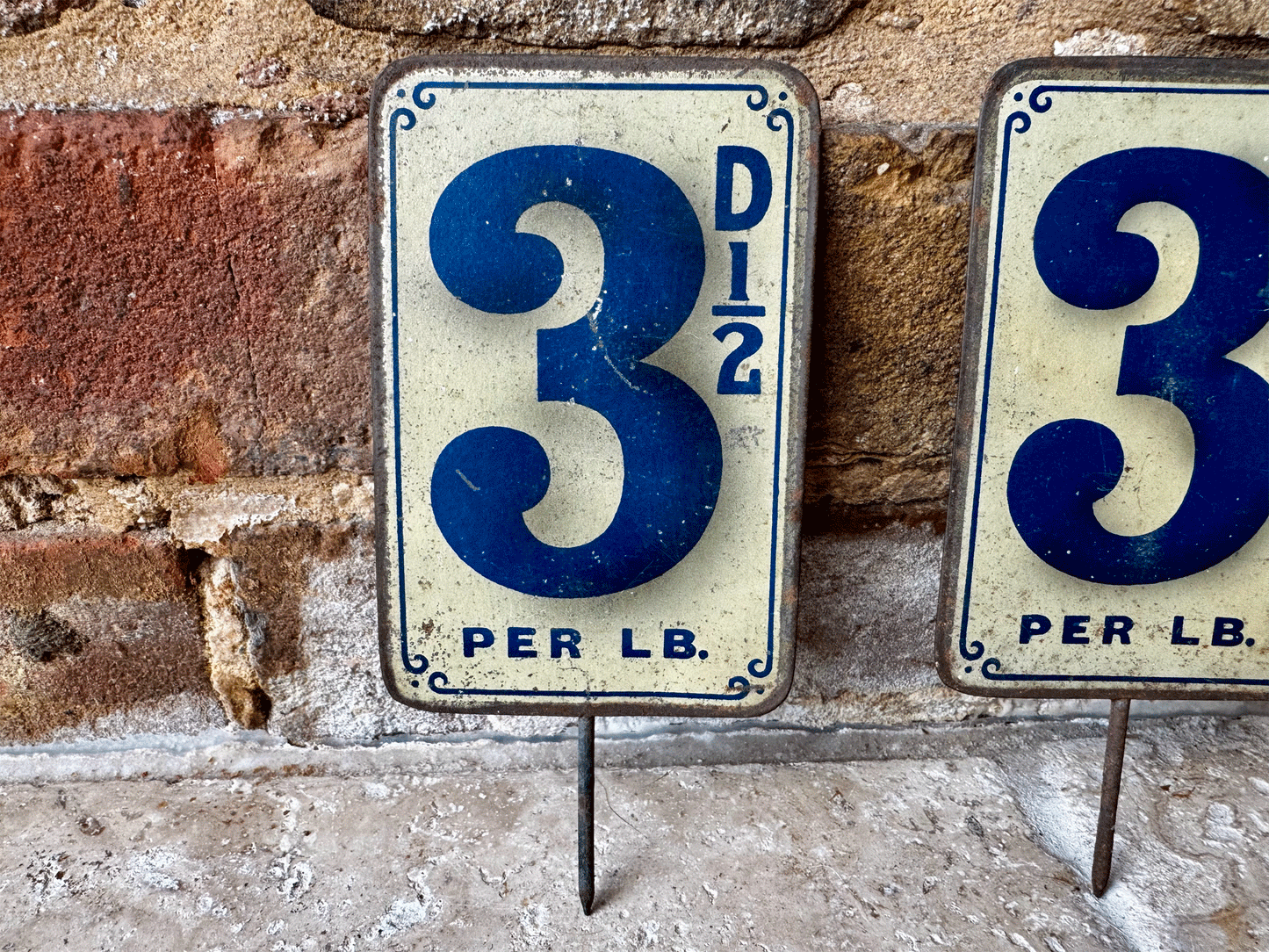 antique edwardian blue tin enamel 3 price sign grocers shop advertising spike