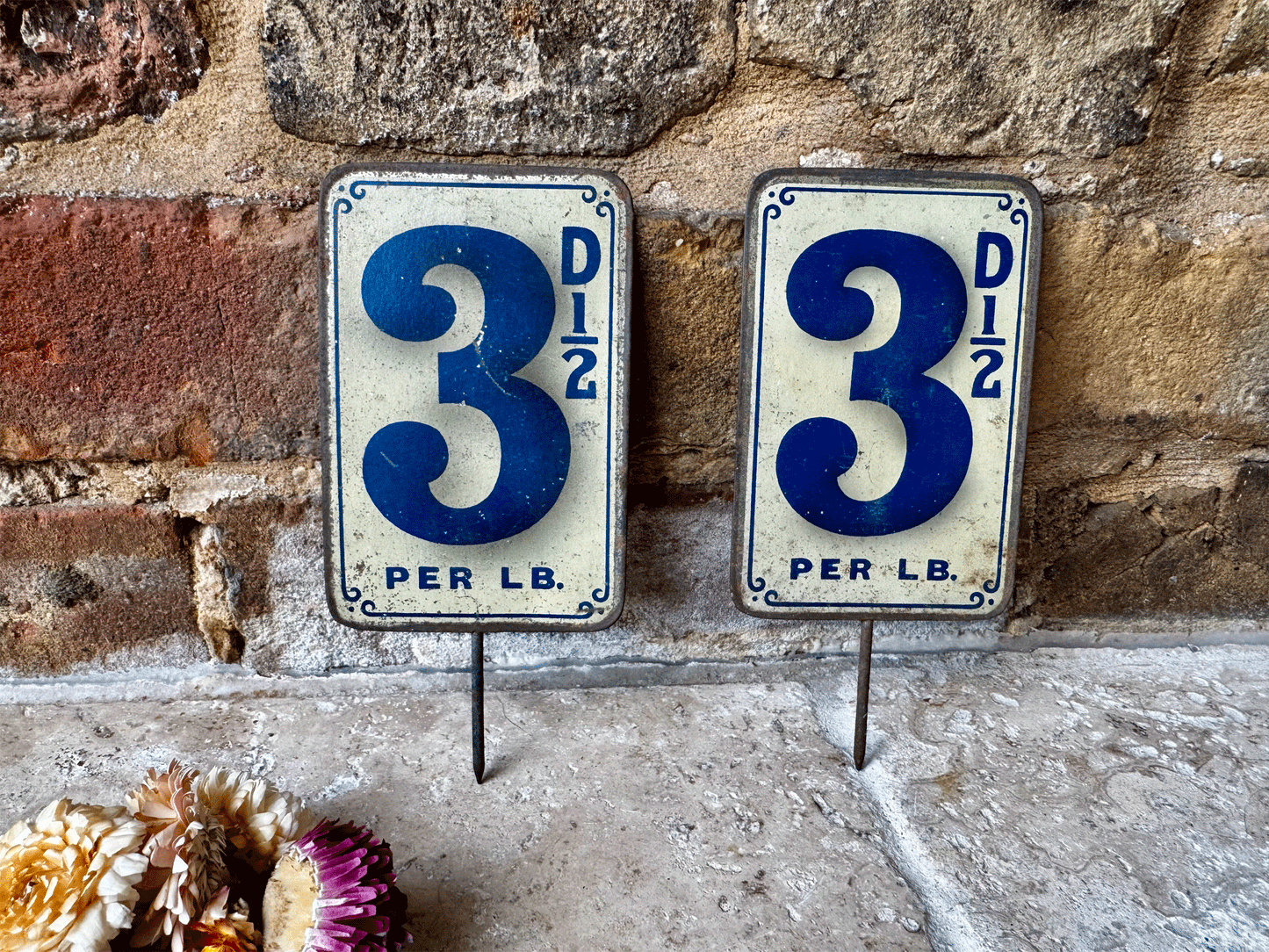 antique edwardian blue tin enamel 3 price sign grocers shop advertising spike