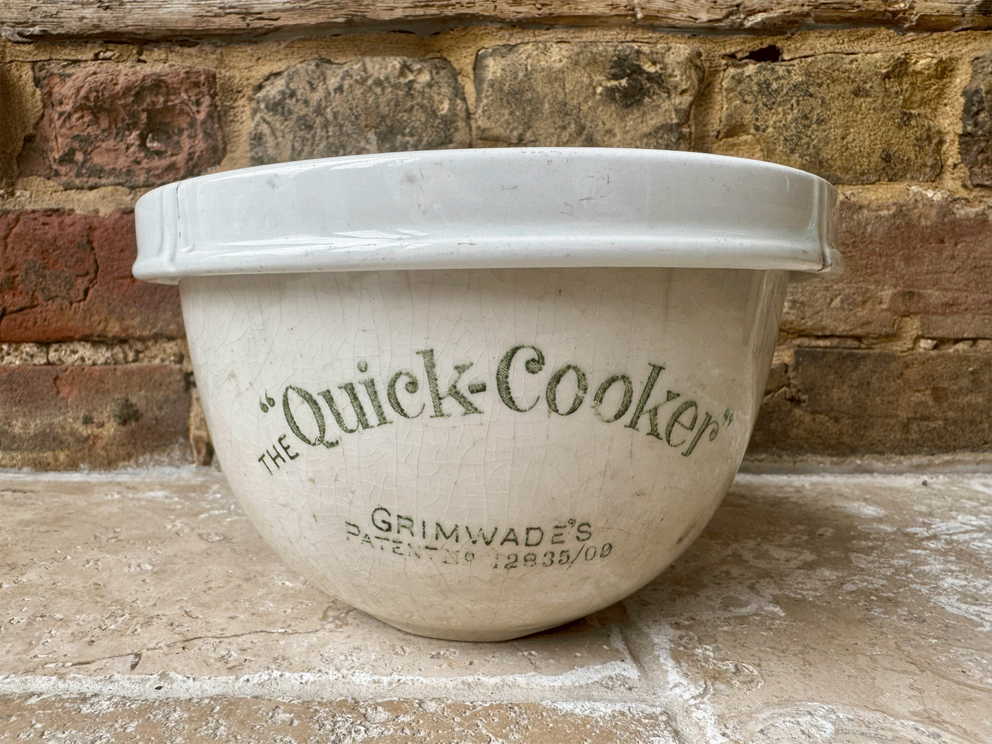 rare antique edwardian early white ironstone grimwades quick cooker advertising green transfer print