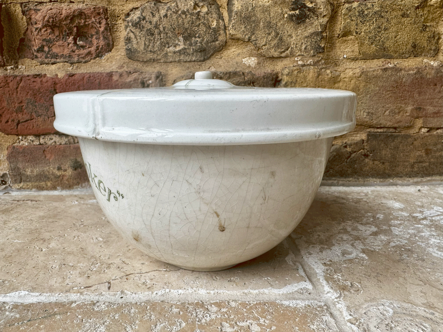 rare antique edwardian early white ironstone grimwades quick cooker advertising green transfer print