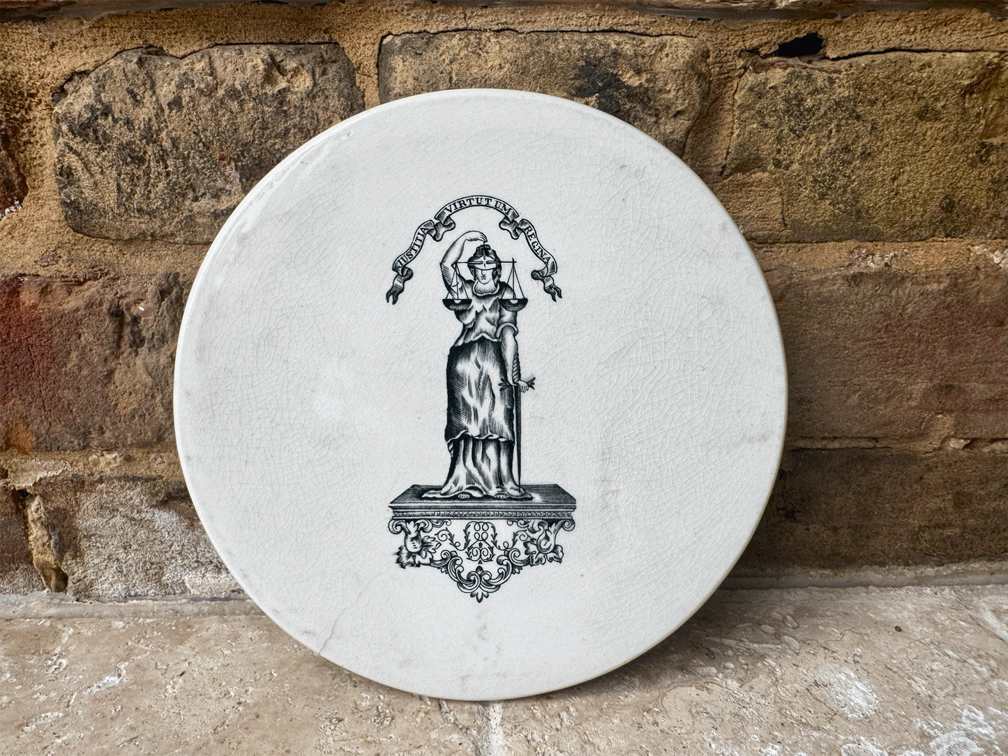 antique edwardian white ironstone advertising scale plate justitia virtutum regina