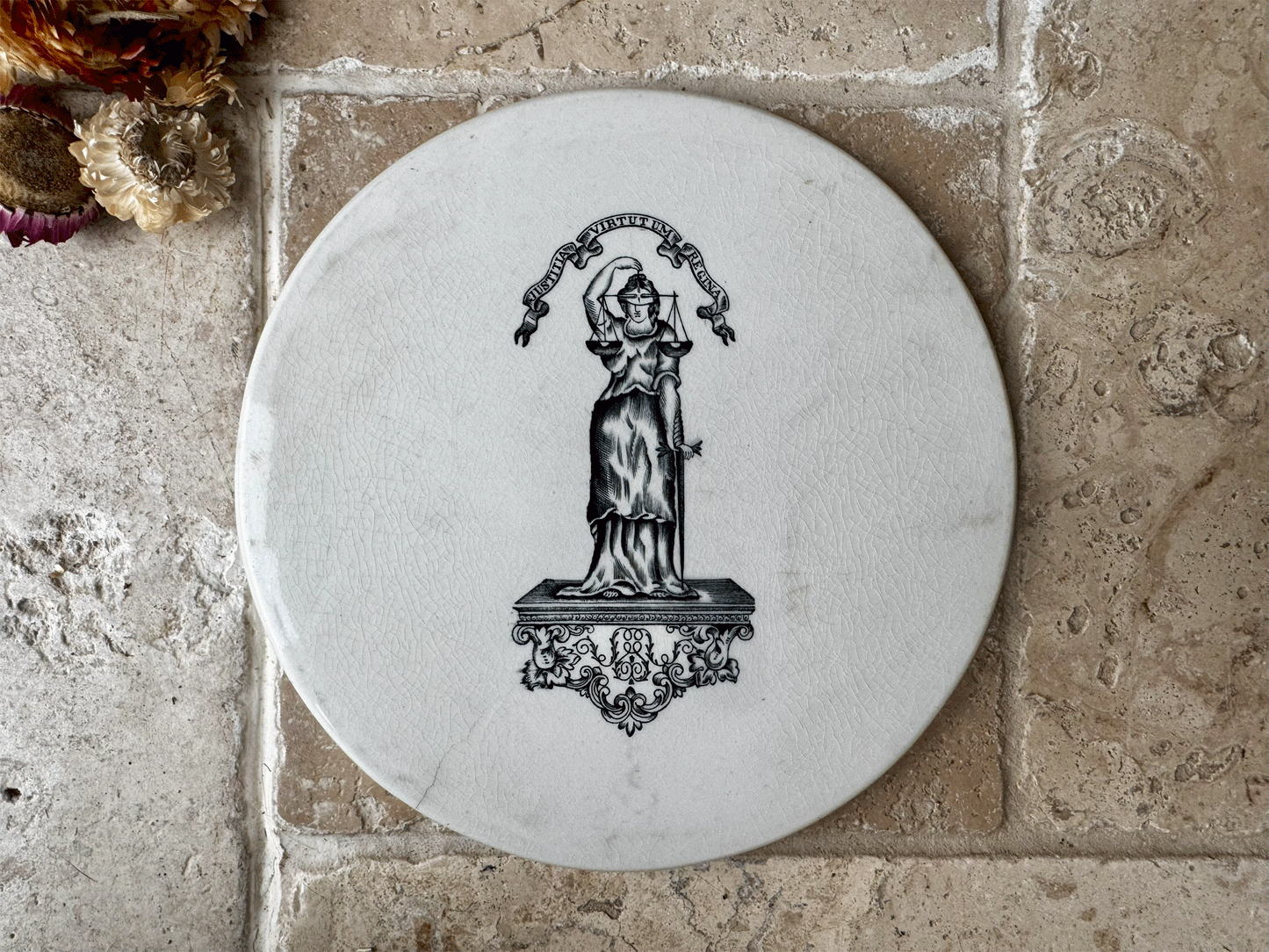 antique edwardian white ironstone advertising scale plate justitia virtutum regina