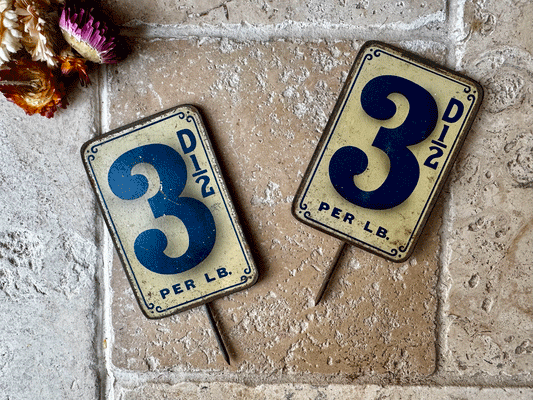 antique edwardian blue tin enamel 3 price sign grocers shop advertising spike