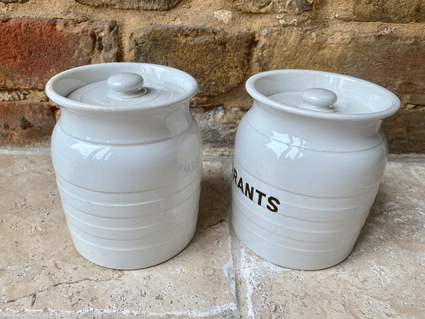 antique edwardian small rare banded white ironstone kitchen storage jar canister rice currants