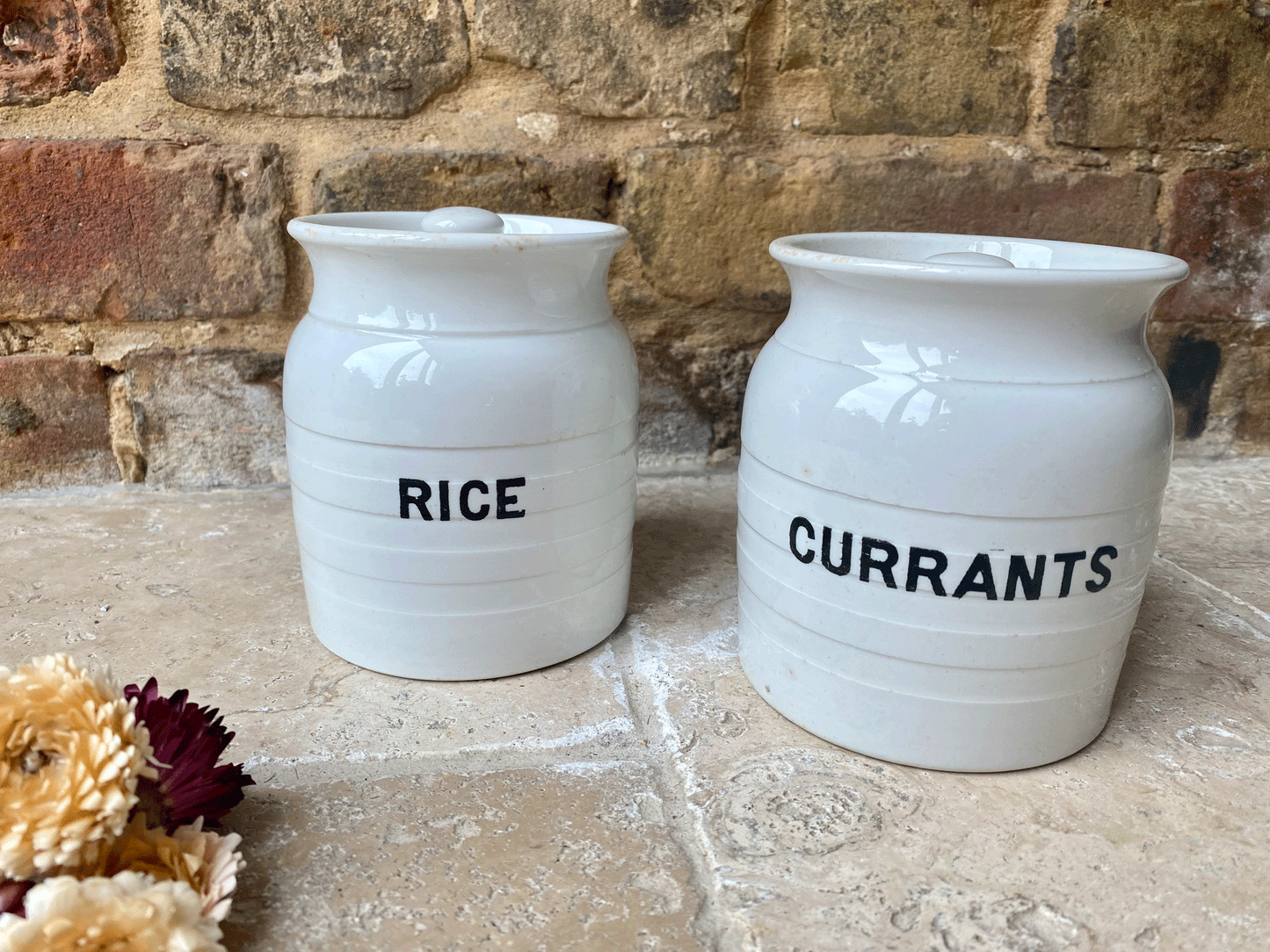 antique edwardian small rare banded white ironstone kitchen storage jar canister rice currants
