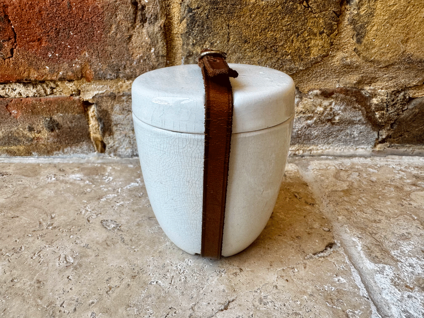 antique edwardian rare ironstone picnic butter preserve pot jar leather strap