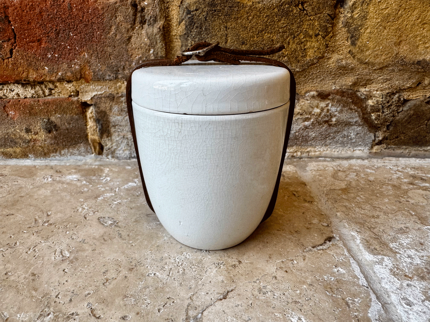 antique edwardian rare ironstone picnic butter preserve pot jar leather strap