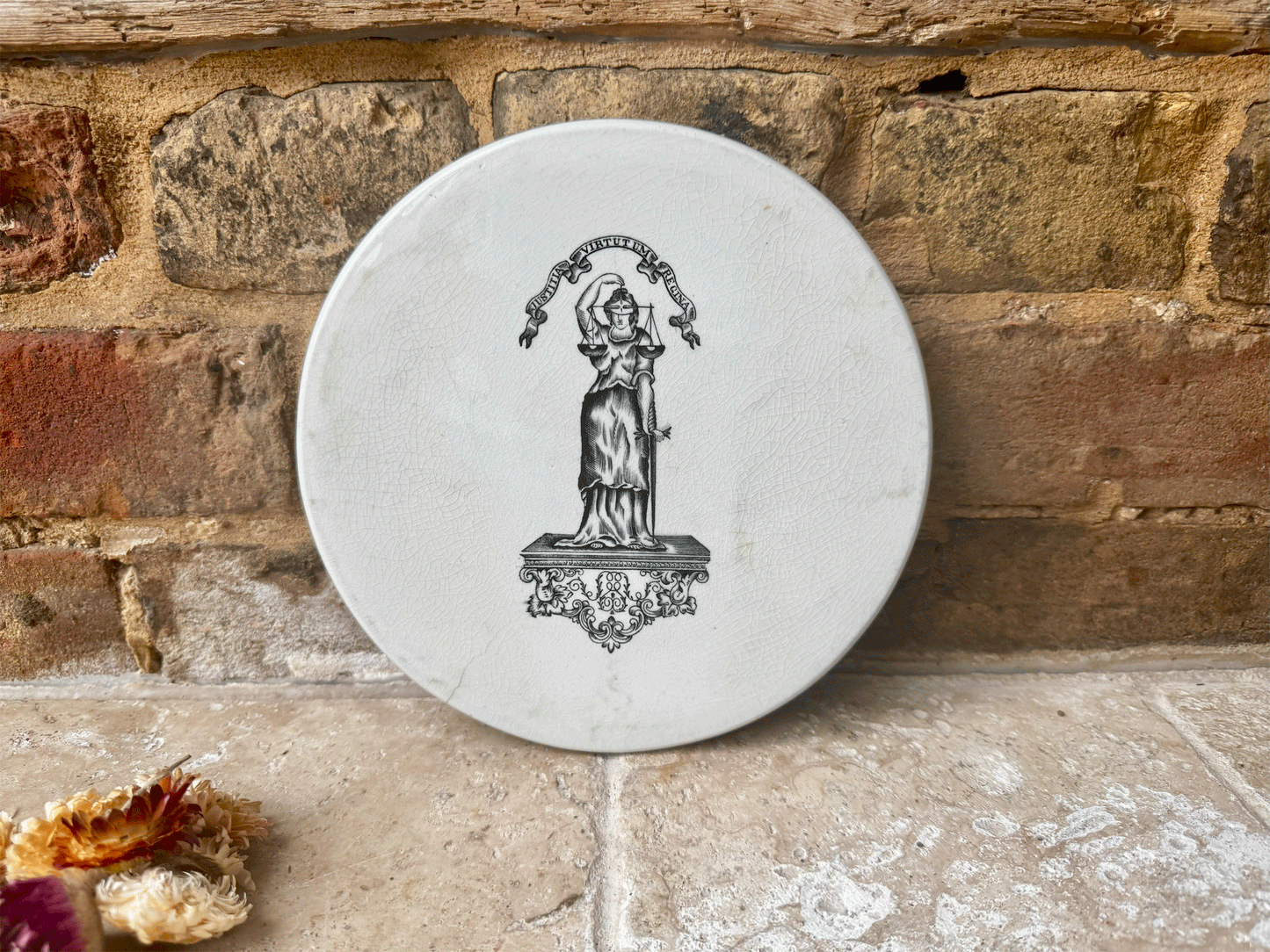 antique edwardian white ironstone advertising scale plate justitia virtutum regina