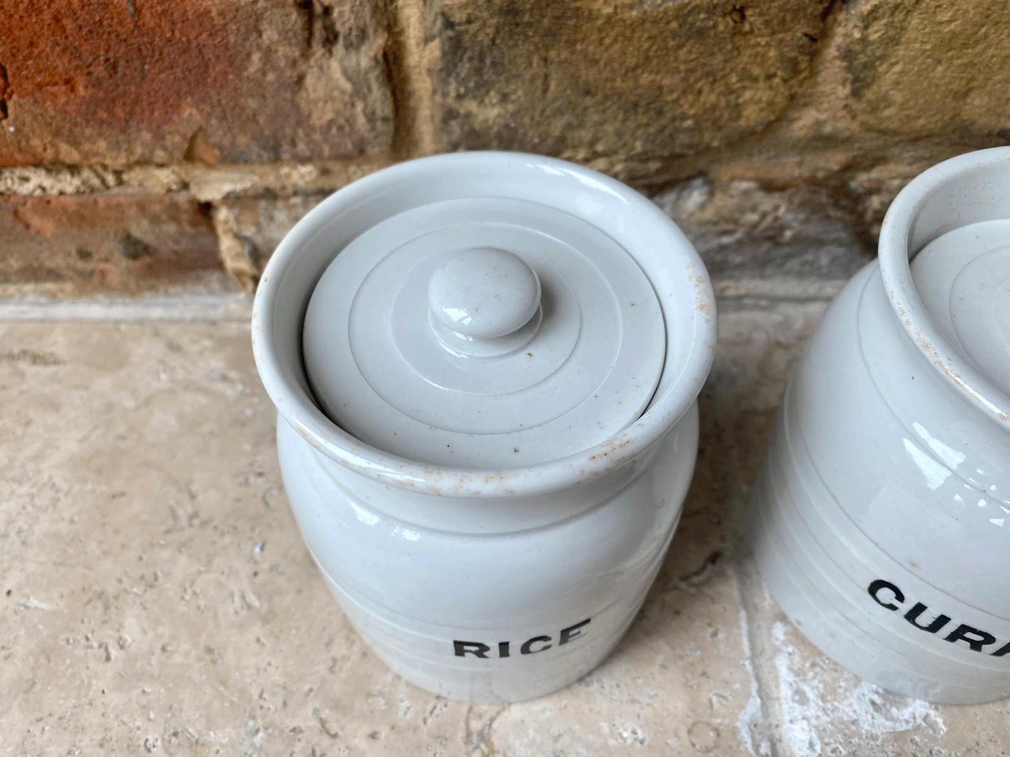 antique edwardian small rare banded white ironstone kitchen storage jar canister rice currants