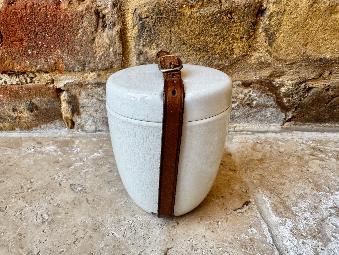 antique edwardian rare ironstone picnic butter preserve pot jar leather strap