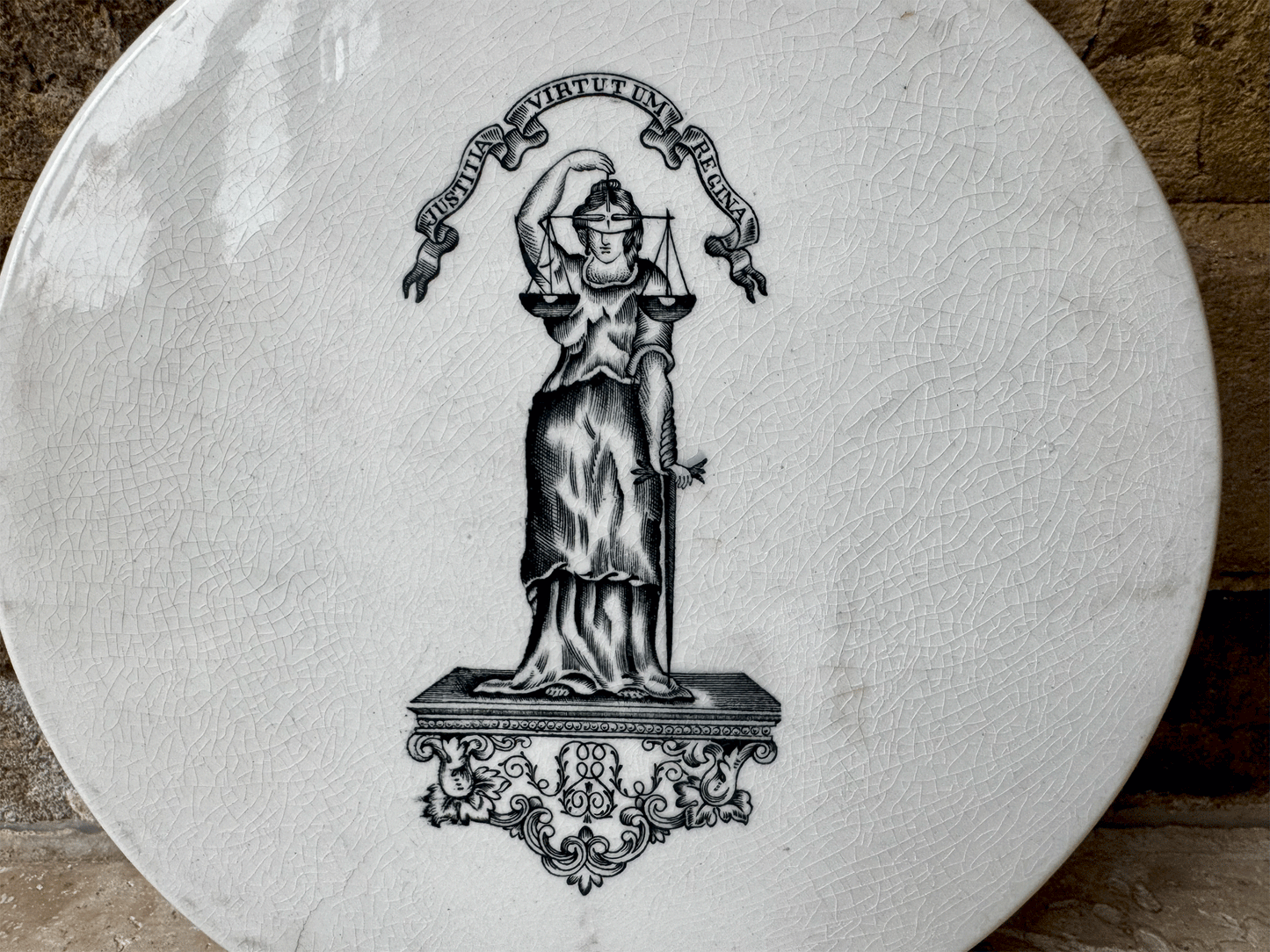 antique edwardian white ironstone advertising scale plate justitia virtutum regina