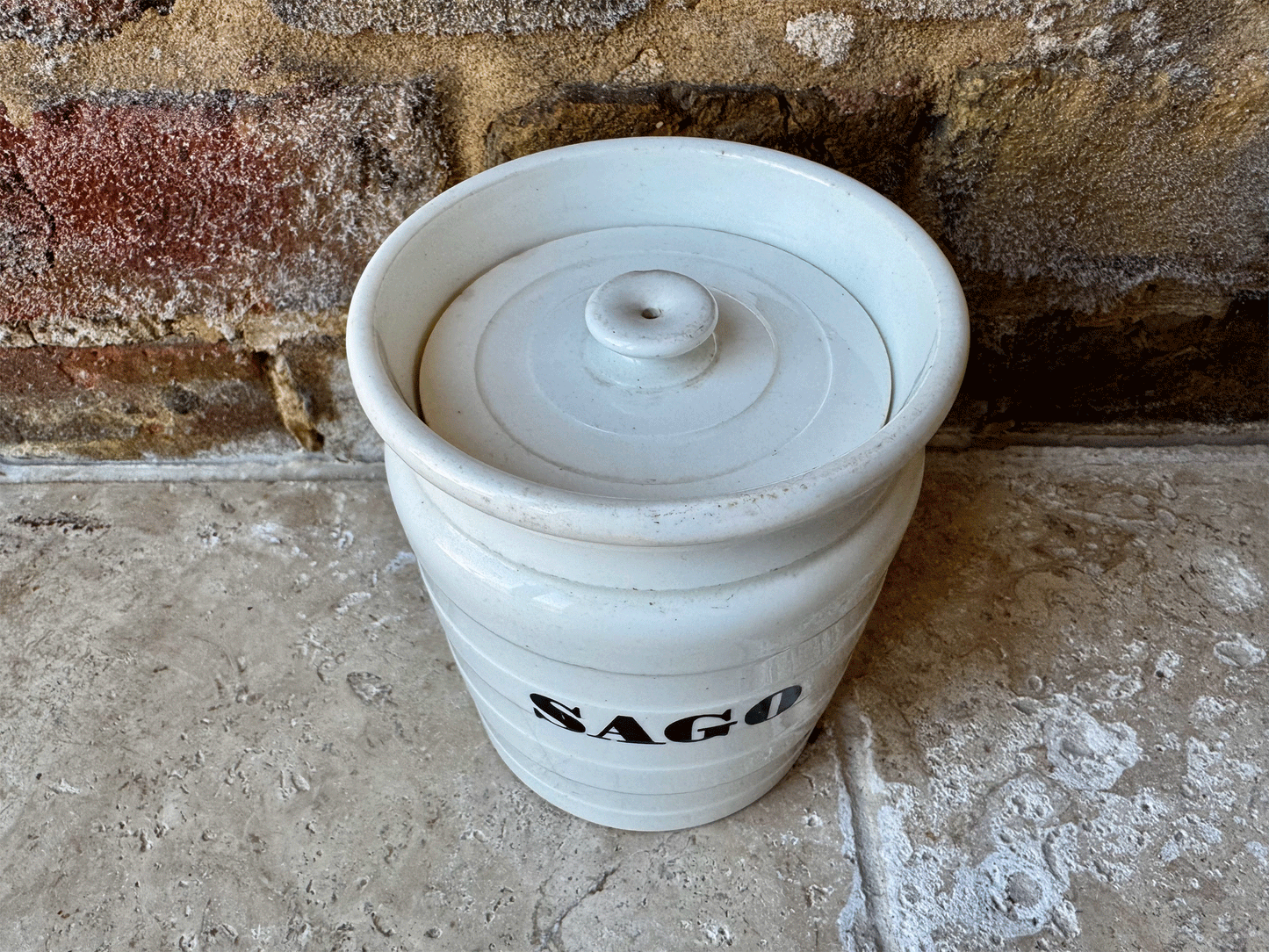 antique edwardian banded white ironstone kitchen storage jar canister sago