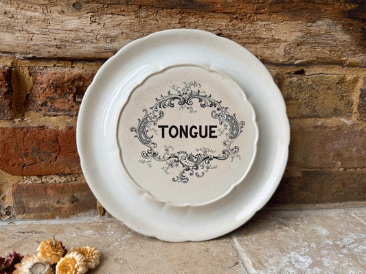 antique edwardian white ironstone black transfer print tongue shop display stand plate