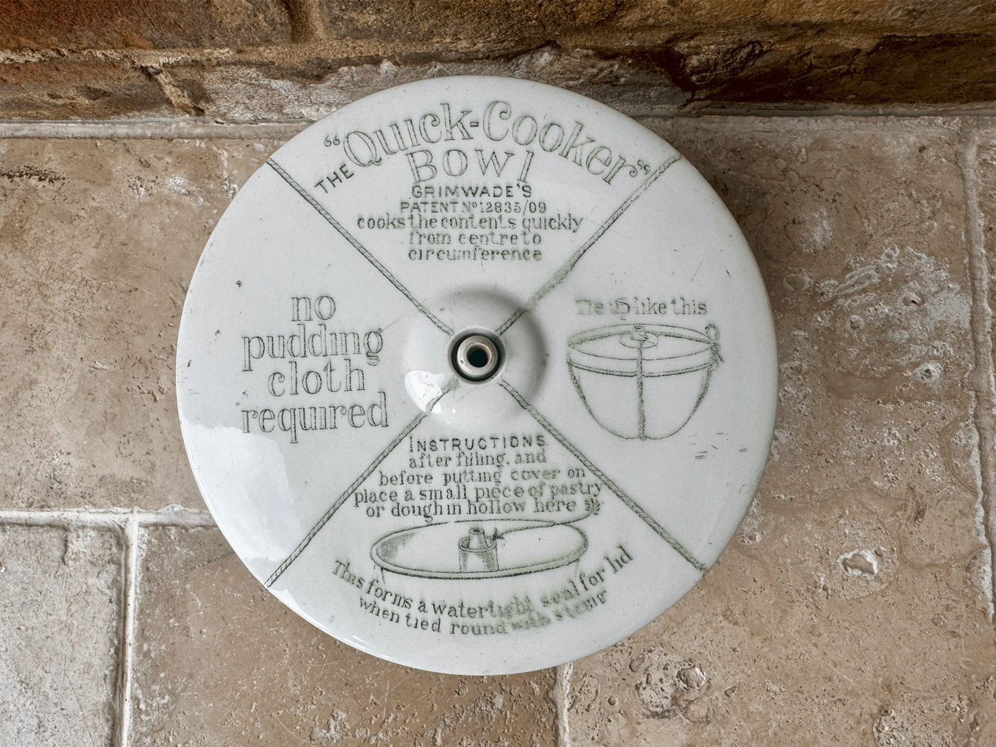 rare antique edwardian early white ironstone grimwades quick cooker advertising green transfer print