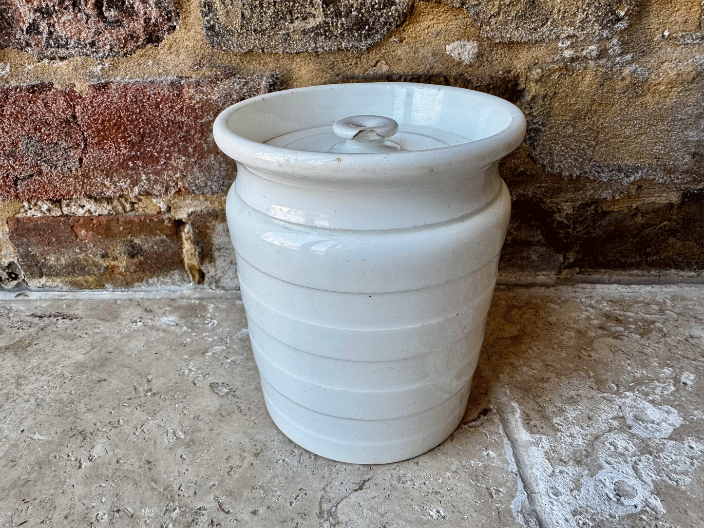 antique edwardian banded white ironstone kitchen storage jar canister sago