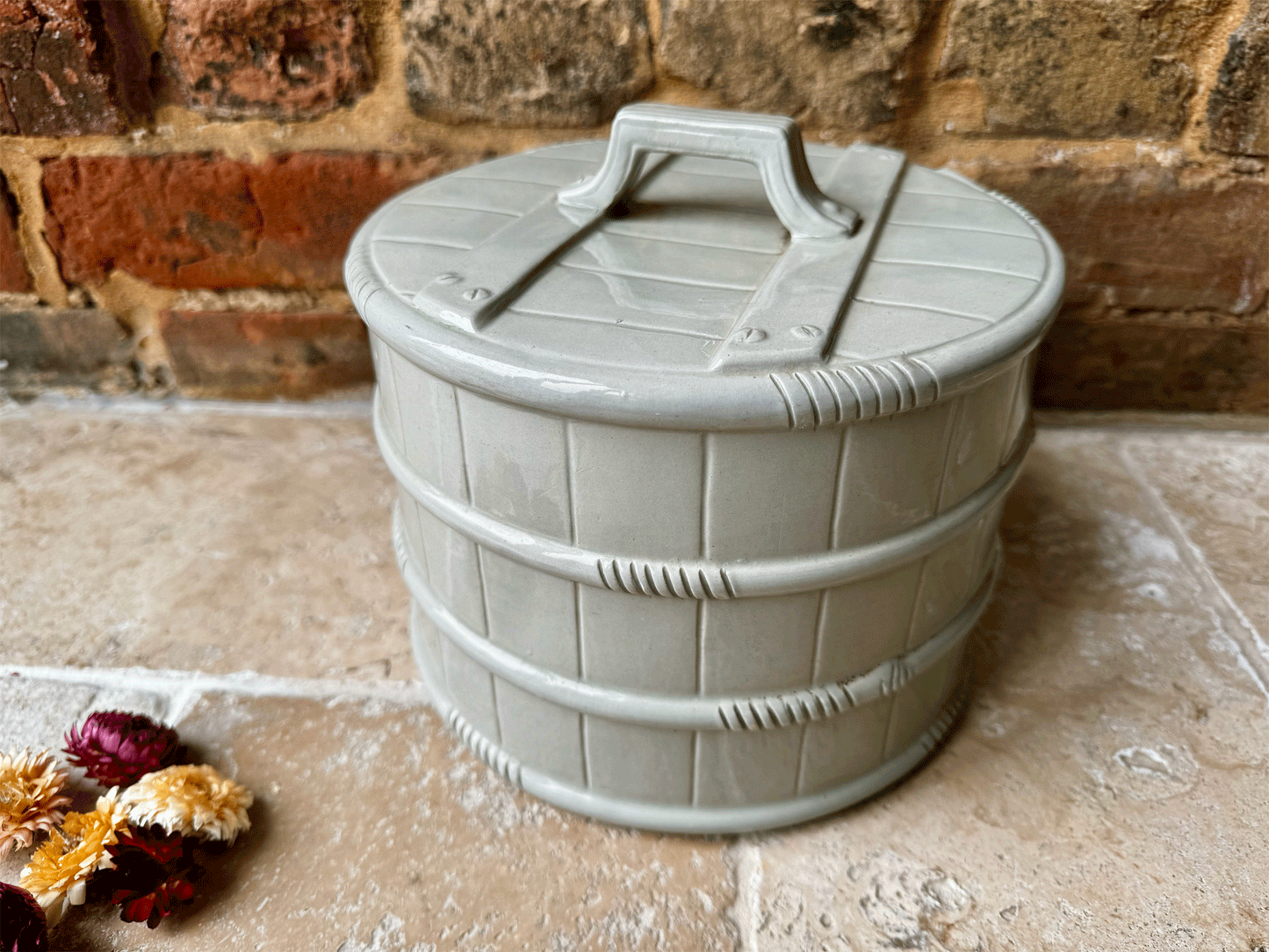 rare antique ironstone cheese cloche cover barrel banded