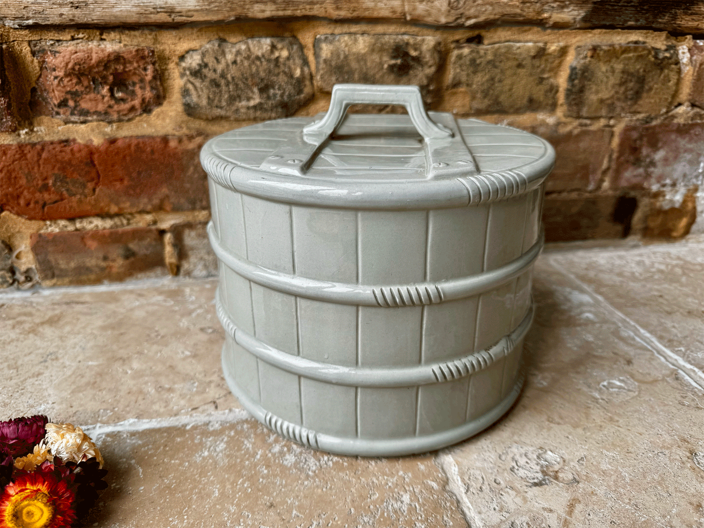 rare antique ironstone cheese cloche cover barrel banded