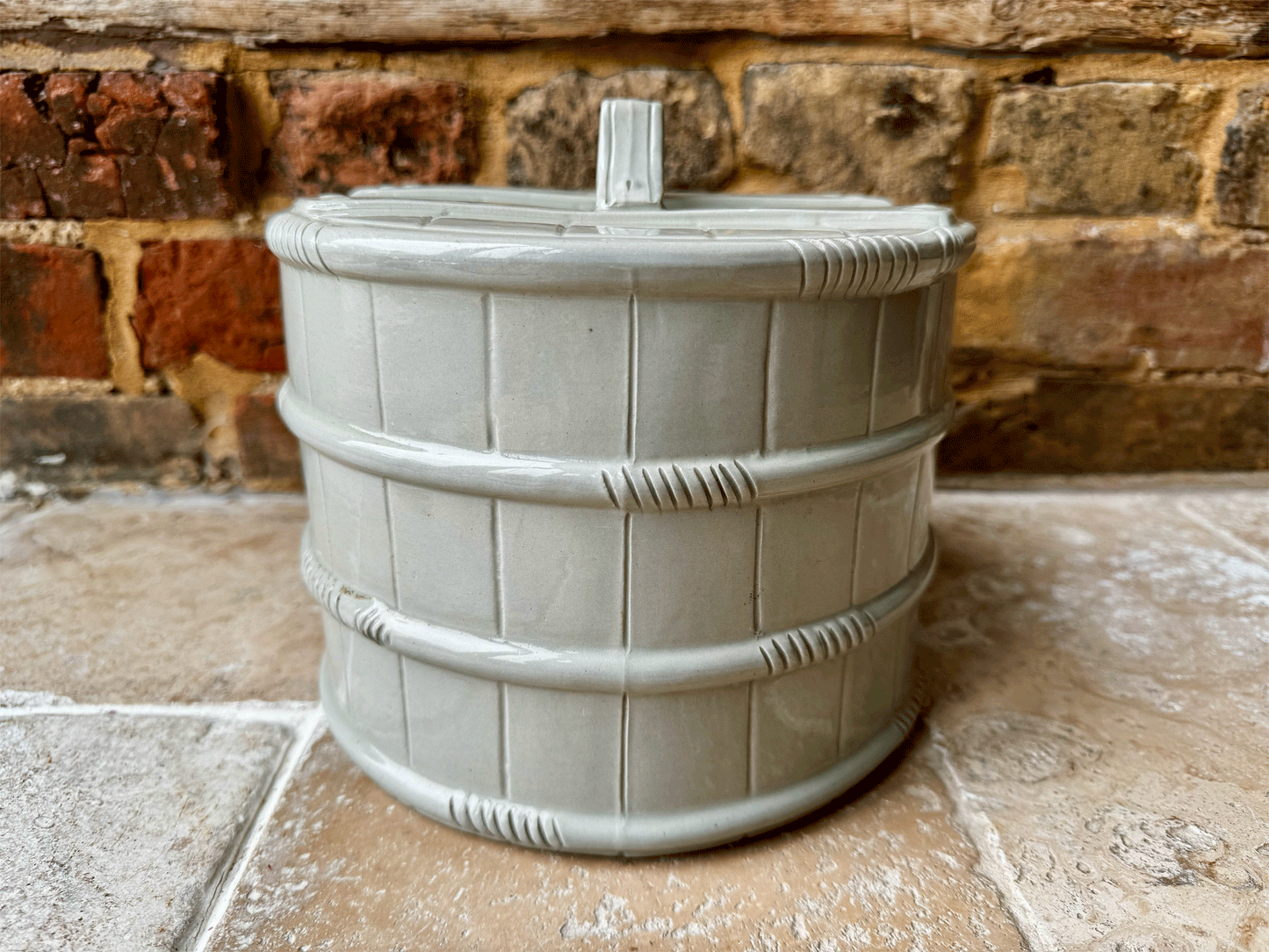 rare antique ironstone cheese cloche cover barrel banded