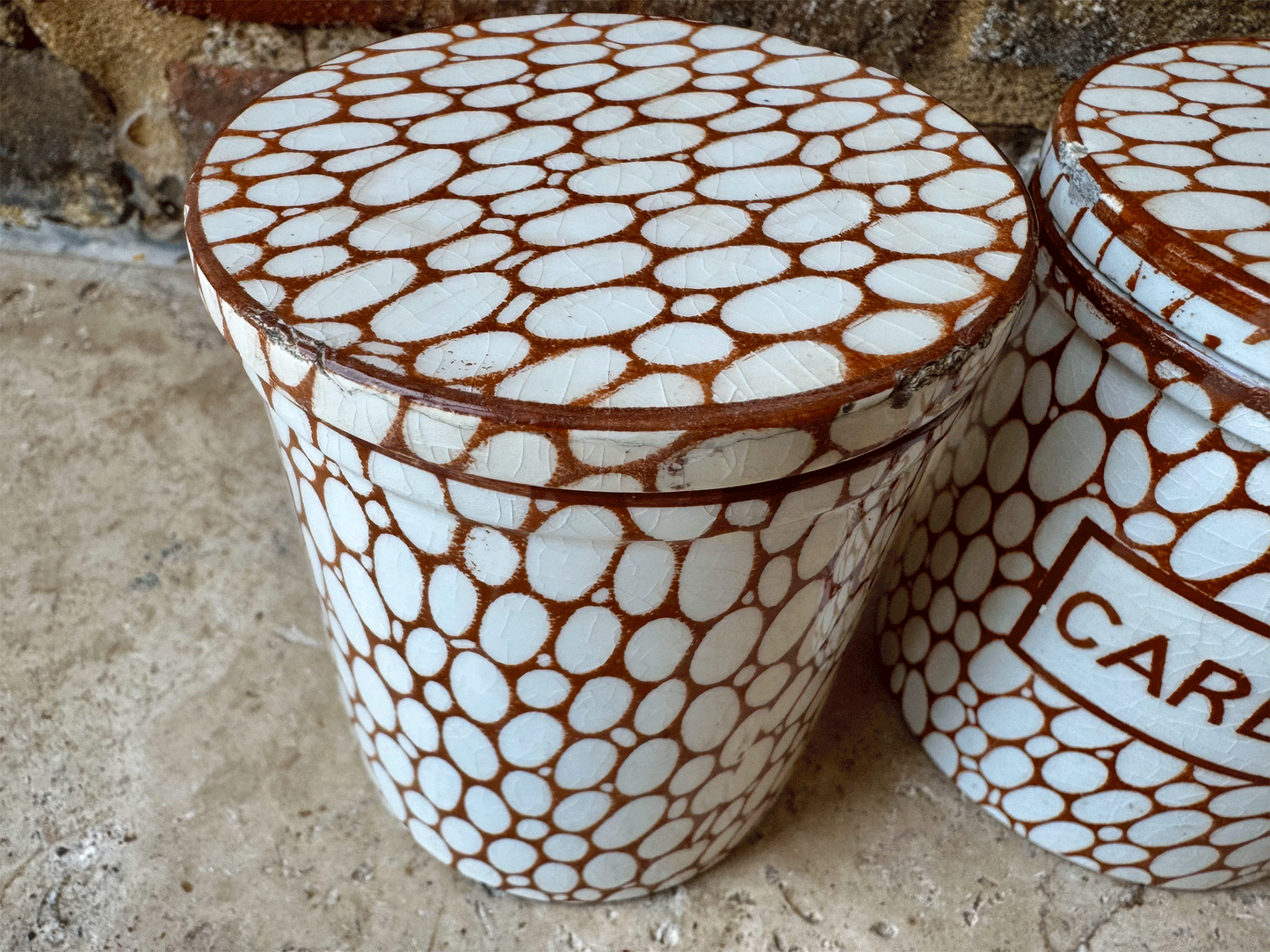 rare antique 1930s browb maling cobblestone small ironstone storage jar nutmeg cream tartar carbonate of soda