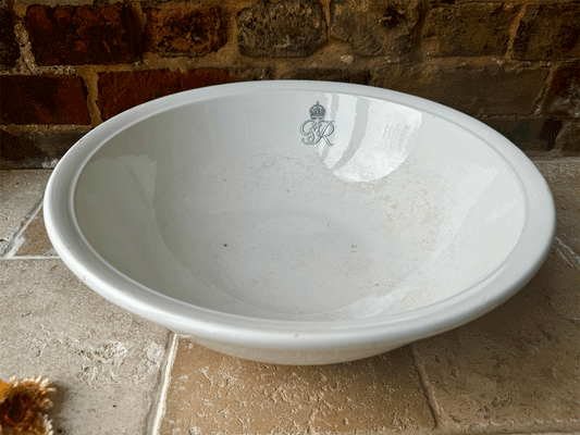 rare antique 1930s plain white ironstone large wash basin bowl king george vi royal cypher