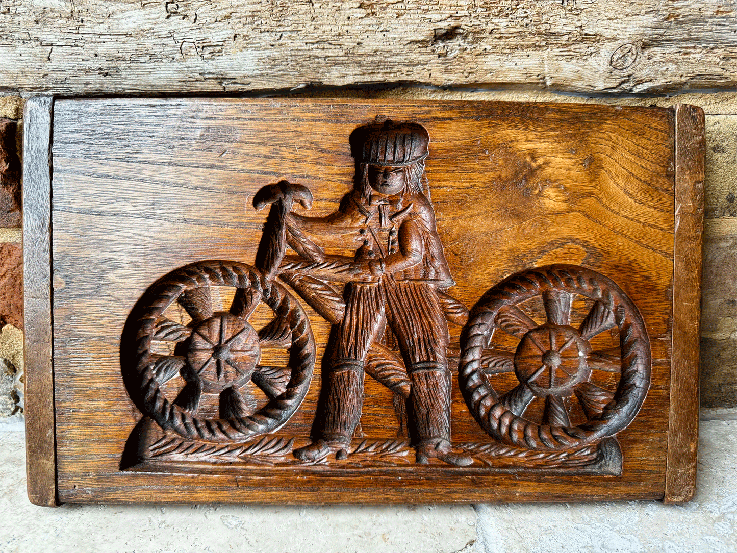 antique rare oak dutch victorian gingerbread mould cycling man