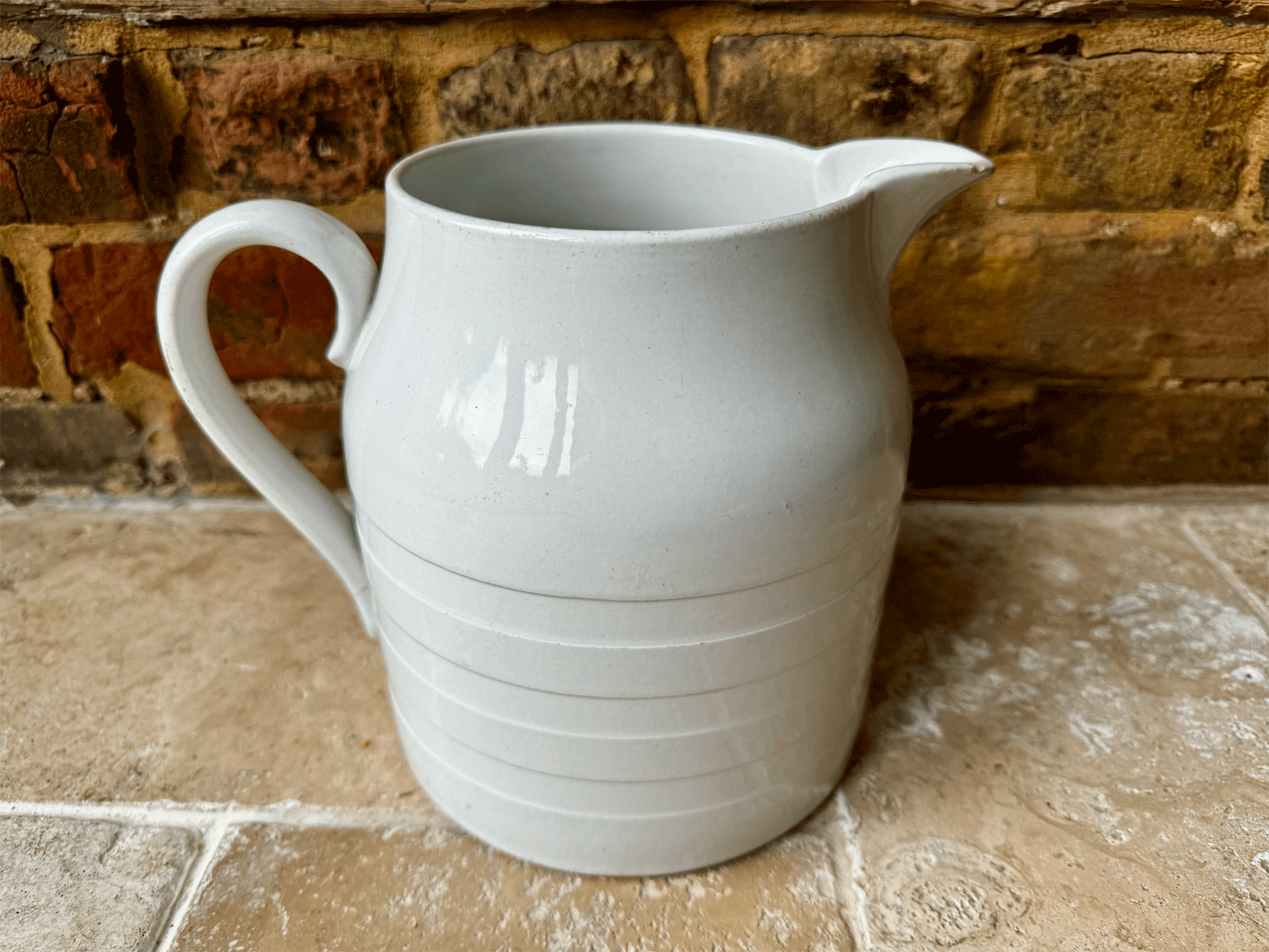 large antique edwardian white ironstone banded dairy jug vase