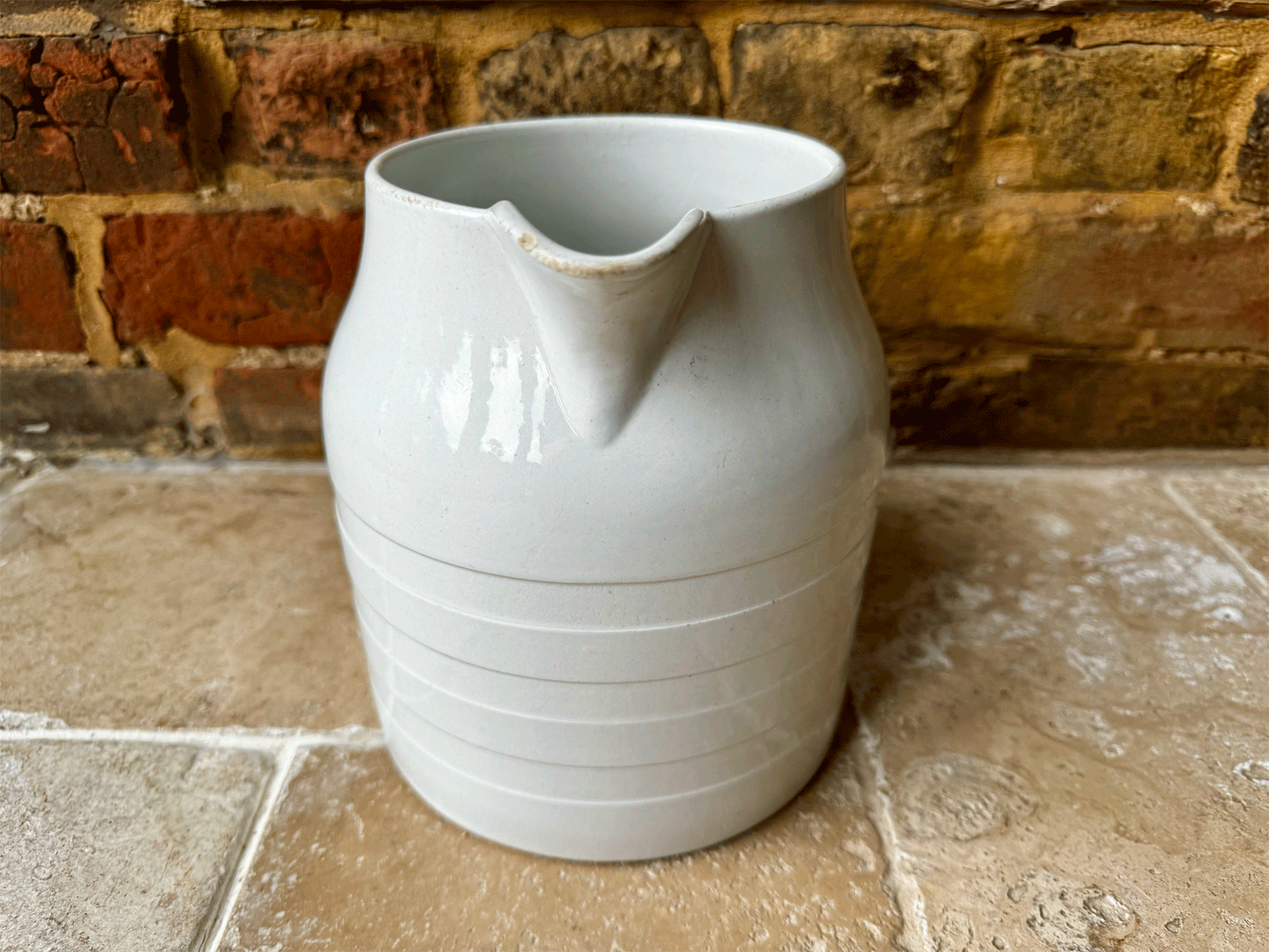 large antique edwardian white ironstone banded dairy jug vase