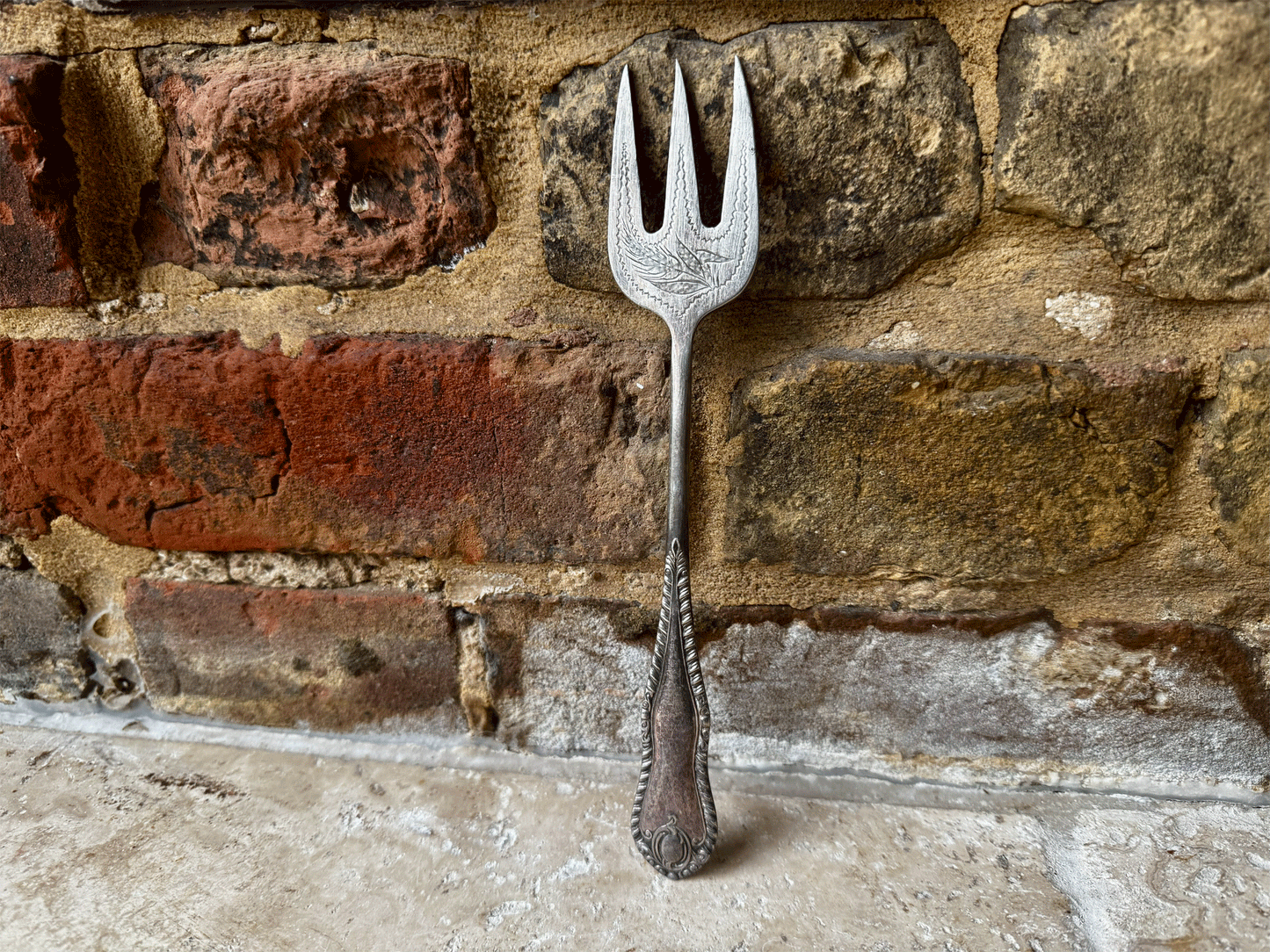 rare antique edwardian silver plated bread fork motto
