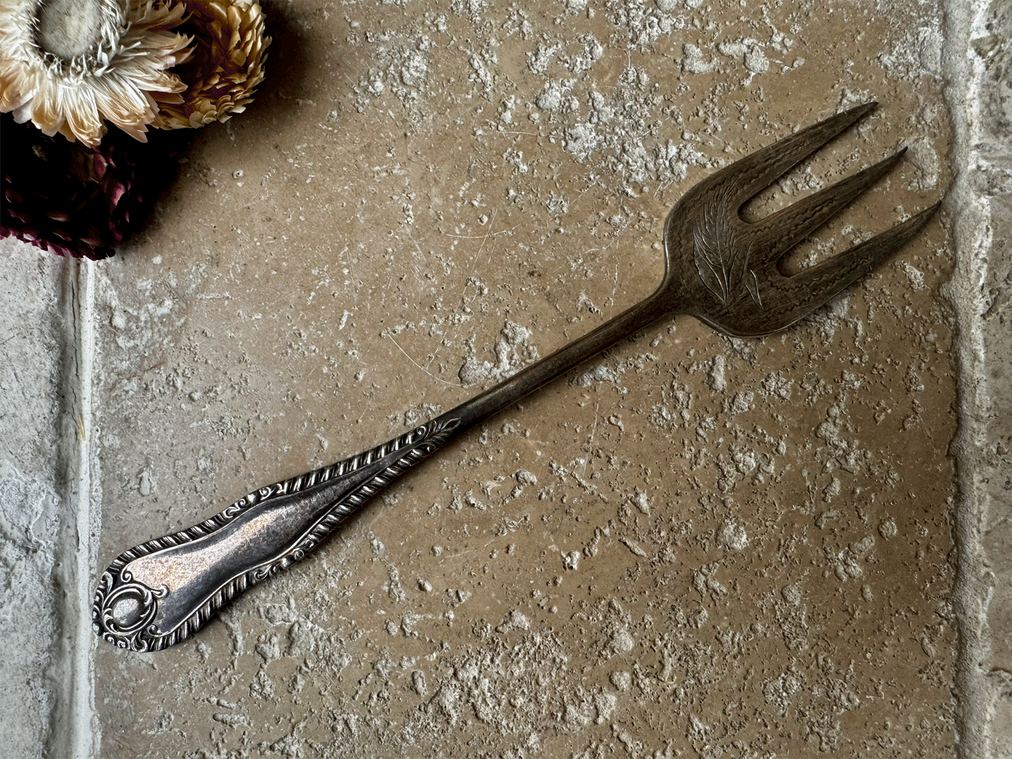 rare antique edwardian silver plated bread fork motto
