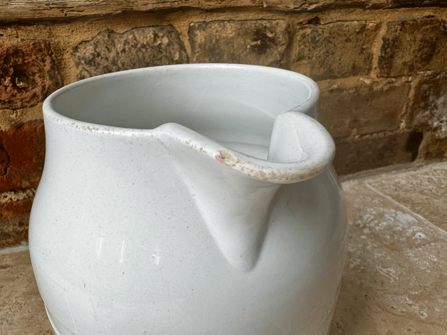 large antique edwardian white ironstone banded dairy jug vase