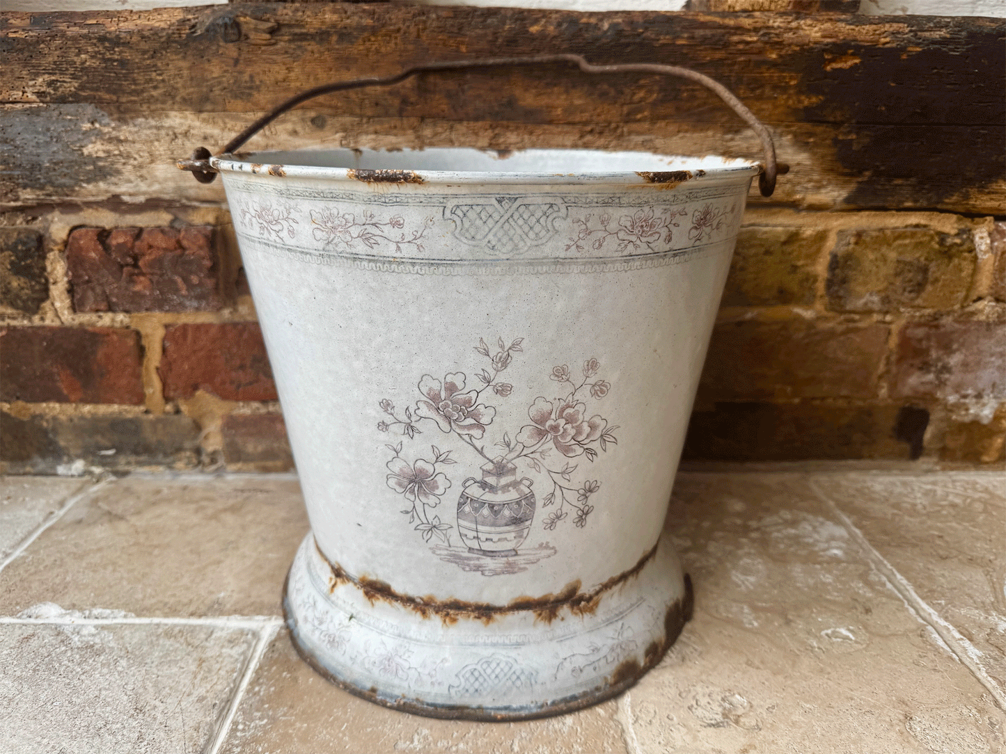 rare antique french large pink white enamel bucket floral decoration