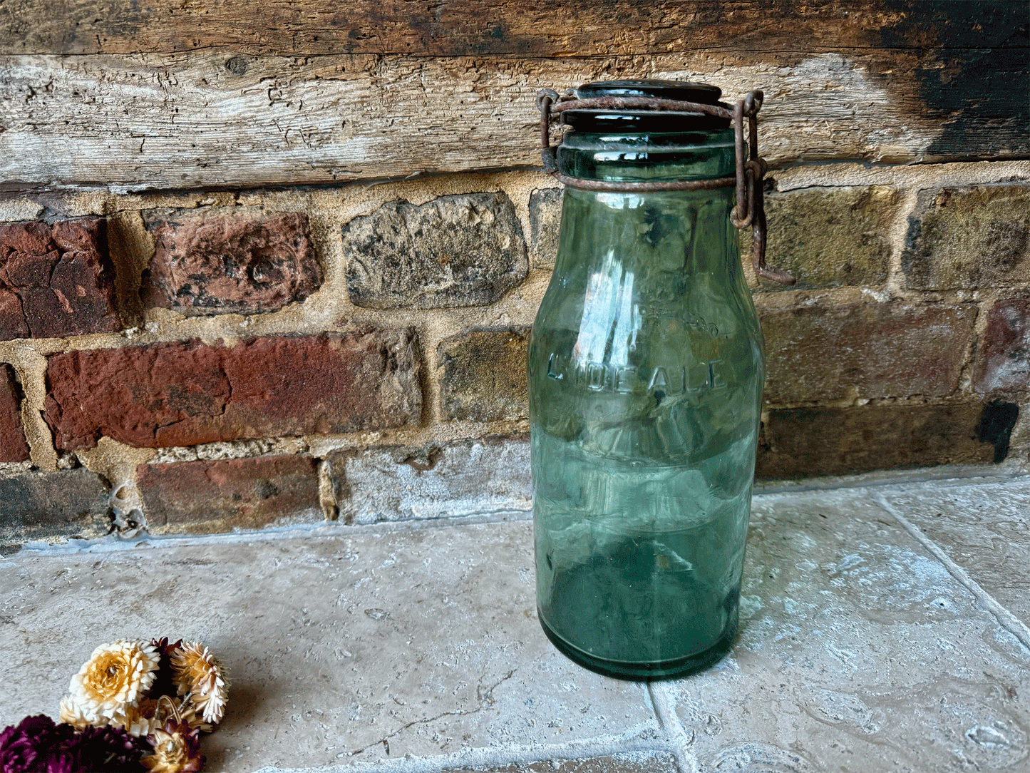 large antique french l'ideale brevetee sgdg large green canning bottle