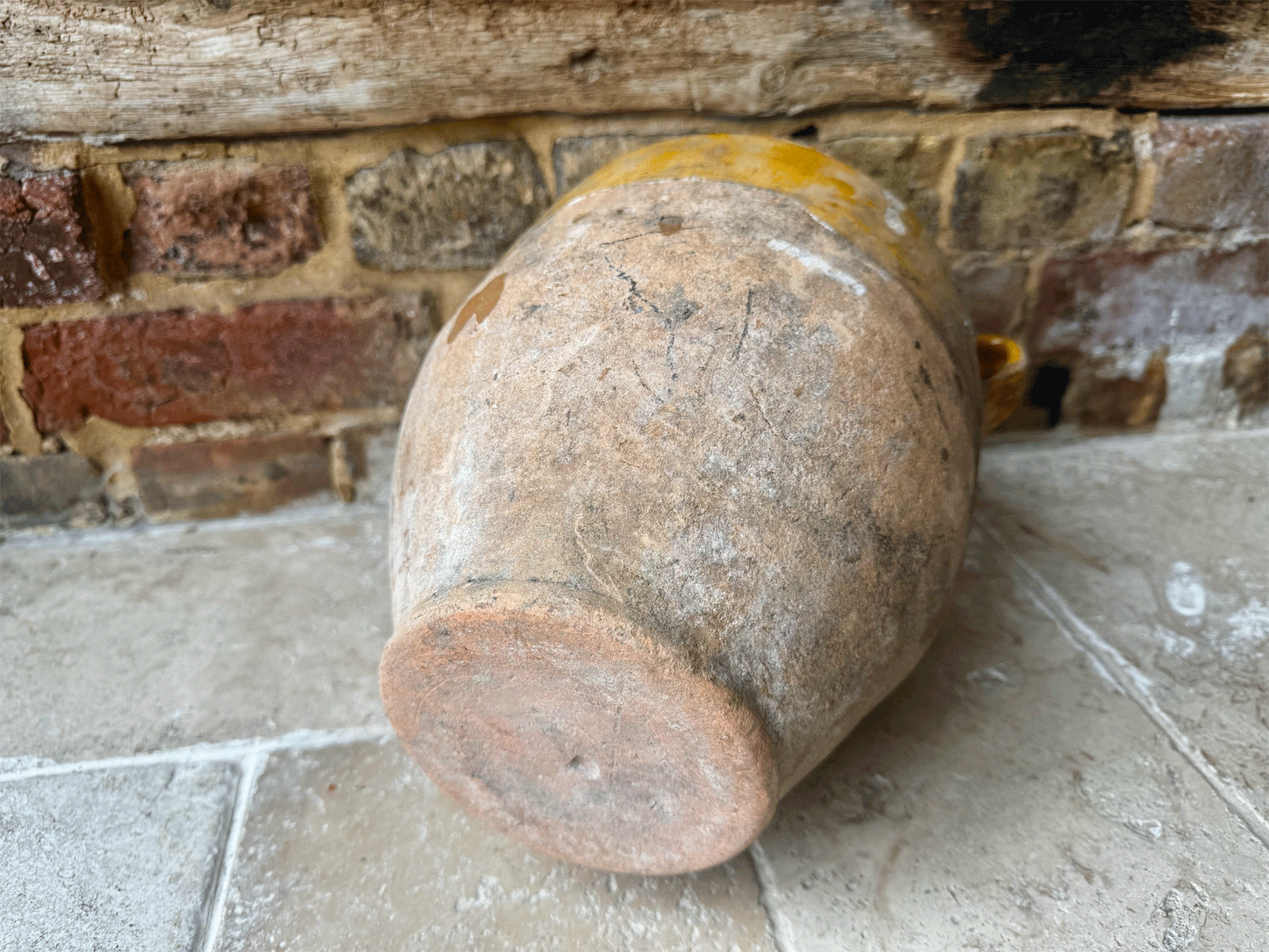 antique extra large 19th century timeworn provence yellow glaze terracotta stoneware confit pot