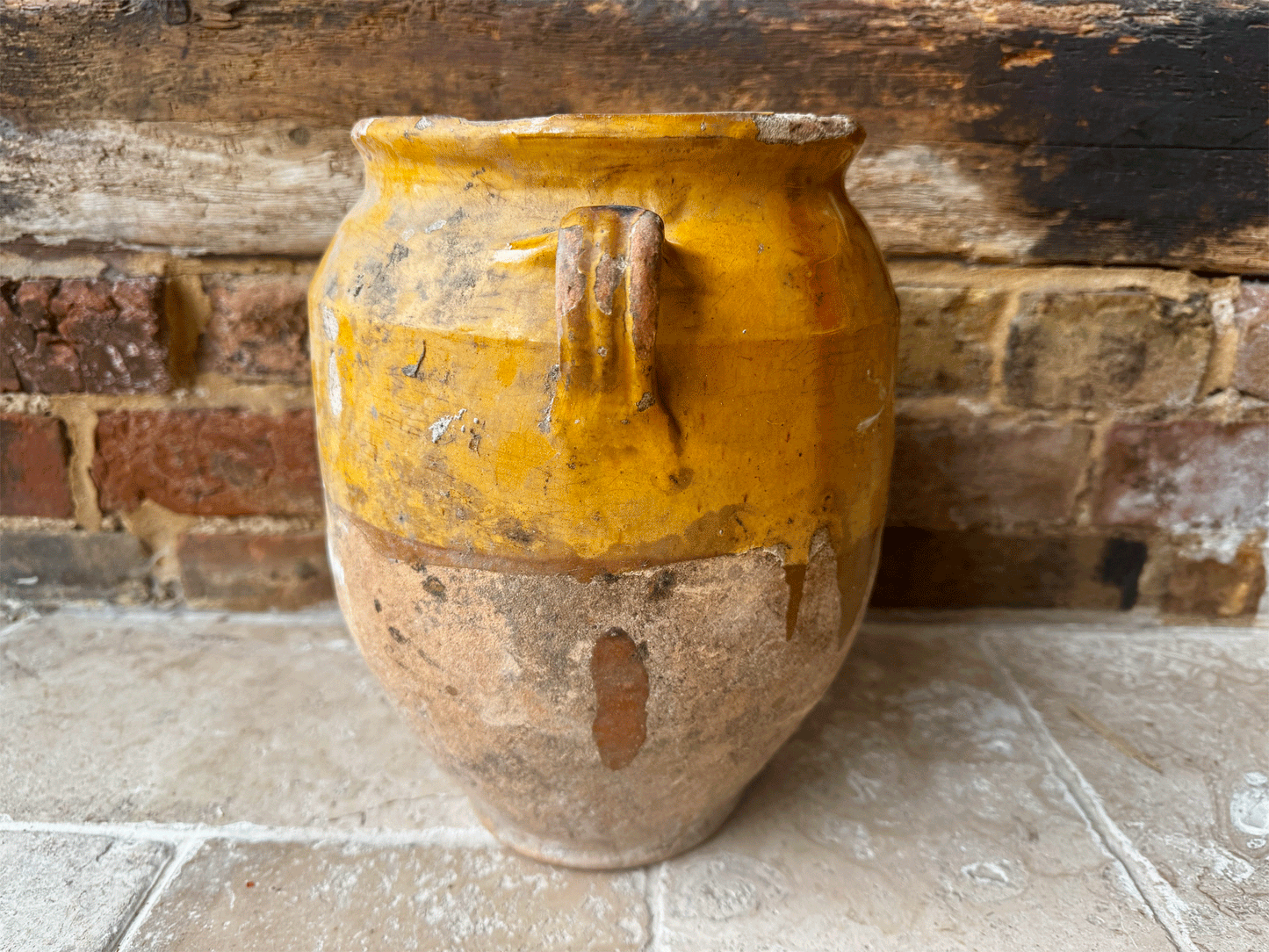 antique extra large 19th century timeworn provence yellow glaze terracotta stoneware confit pot