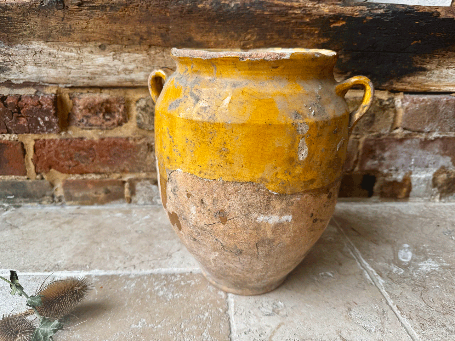 antique extra large 19th century timeworn provence yellow glaze terracotta stoneware confit pot