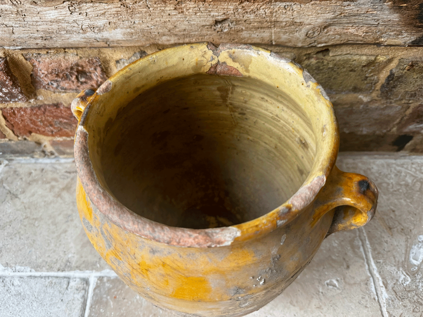 antique extra large 19th century timeworn provence yellow glaze terracotta stoneware confit pot