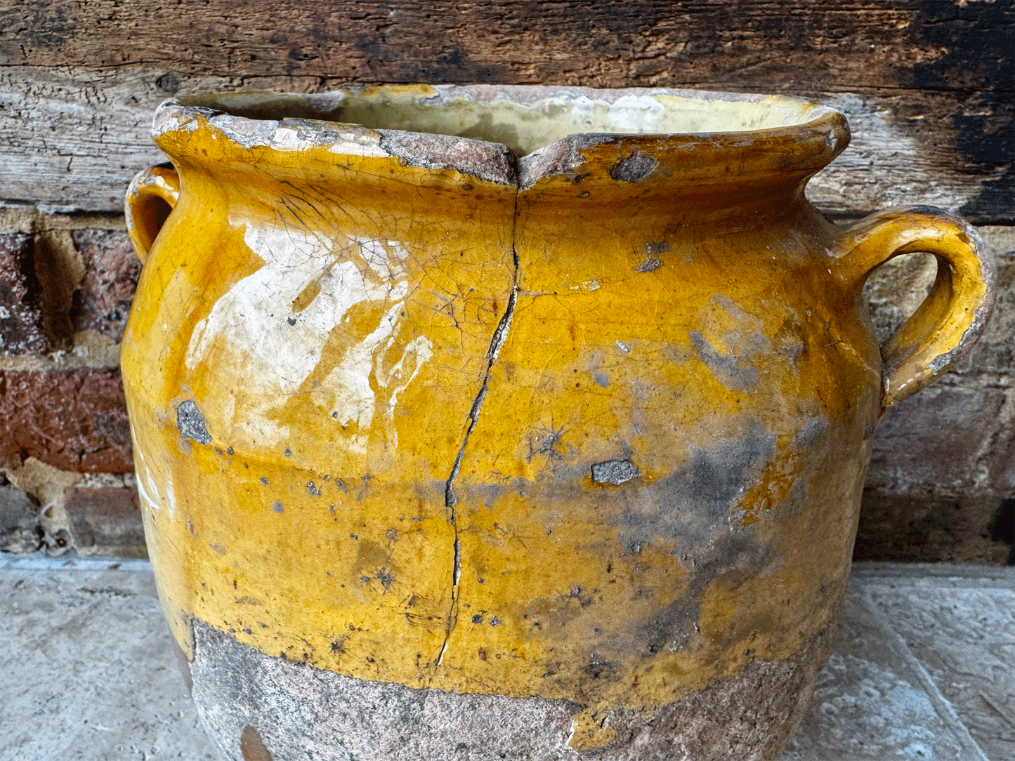 antique extra large 19th century timeworn provence yellow glaze terracotta stoneware confit pot