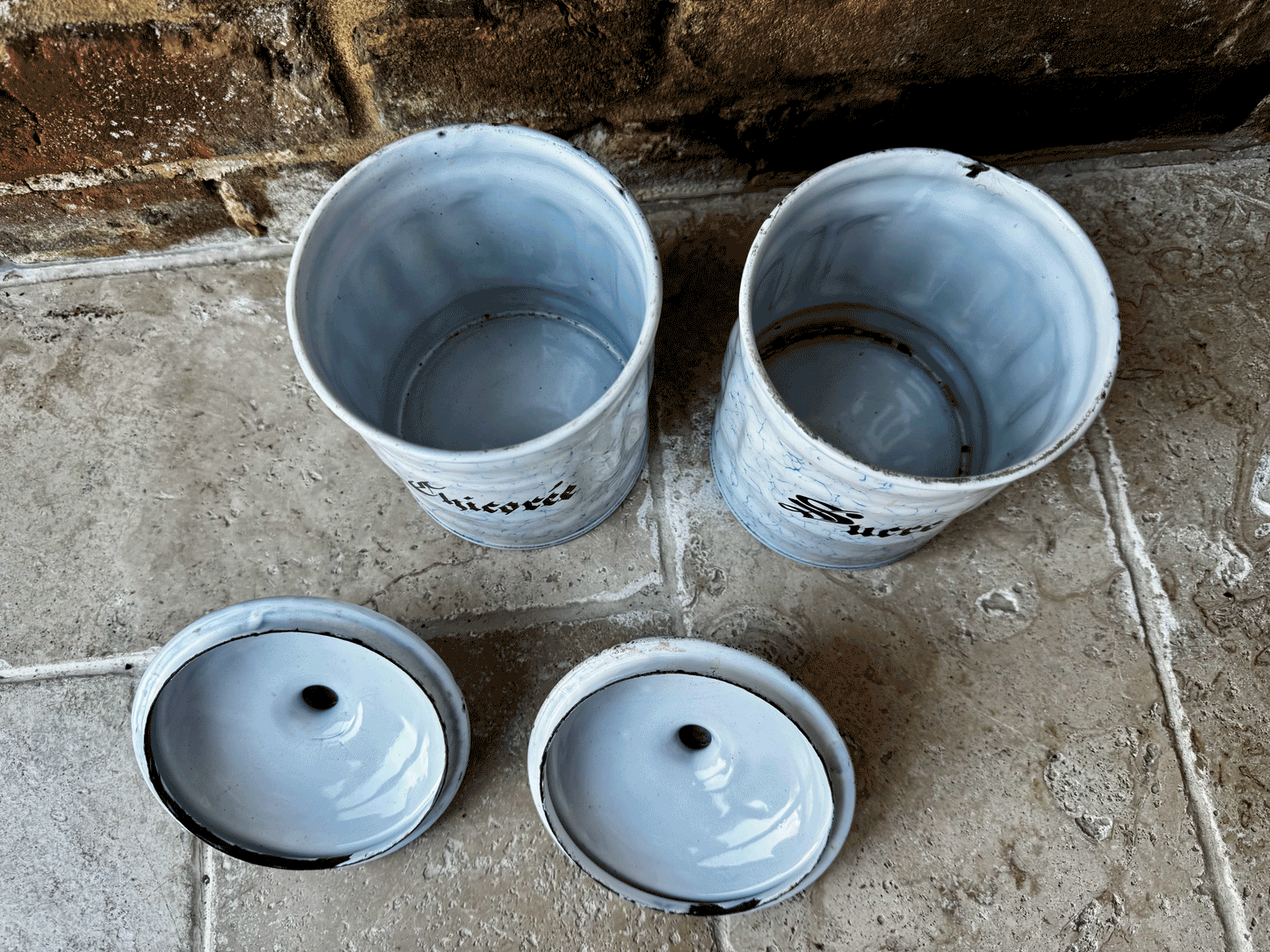 antique french enamel white blue canisters kitchen storage jars sucre chicoree