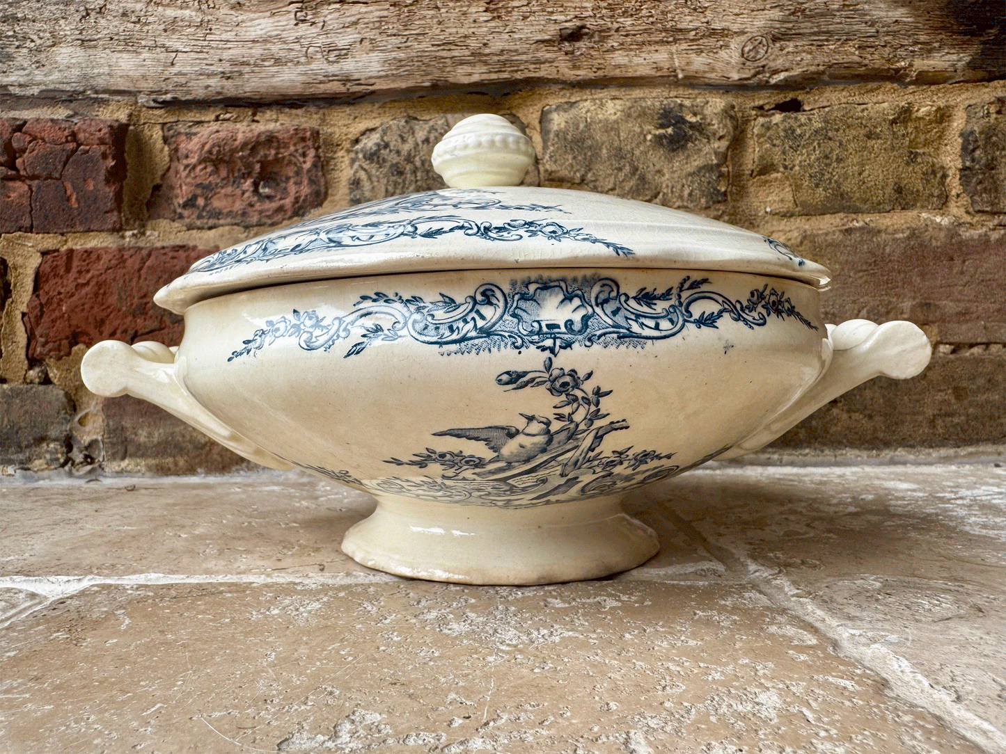 antique french buttery teal blue transferware soupiere songbirds music sheets florals pattern