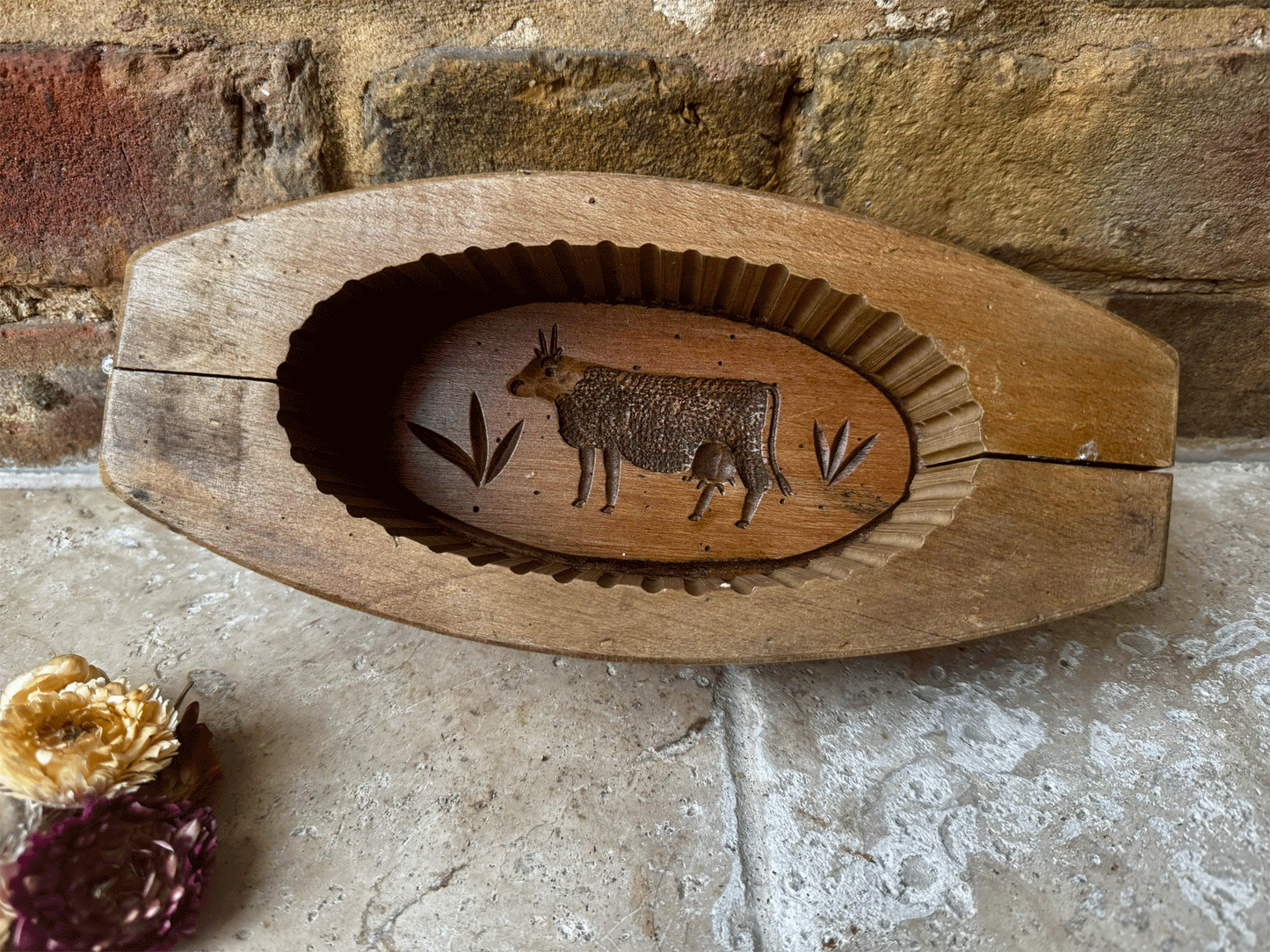 antique french carved wooden treen butter brick mould grazing cow
