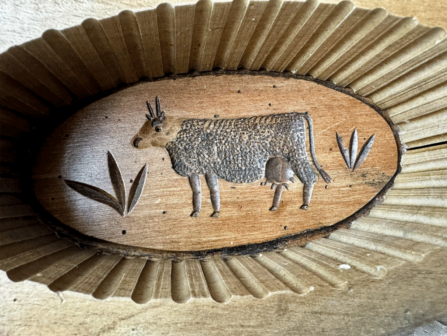 antique french carved wooden treen butter brick mould grazing cow